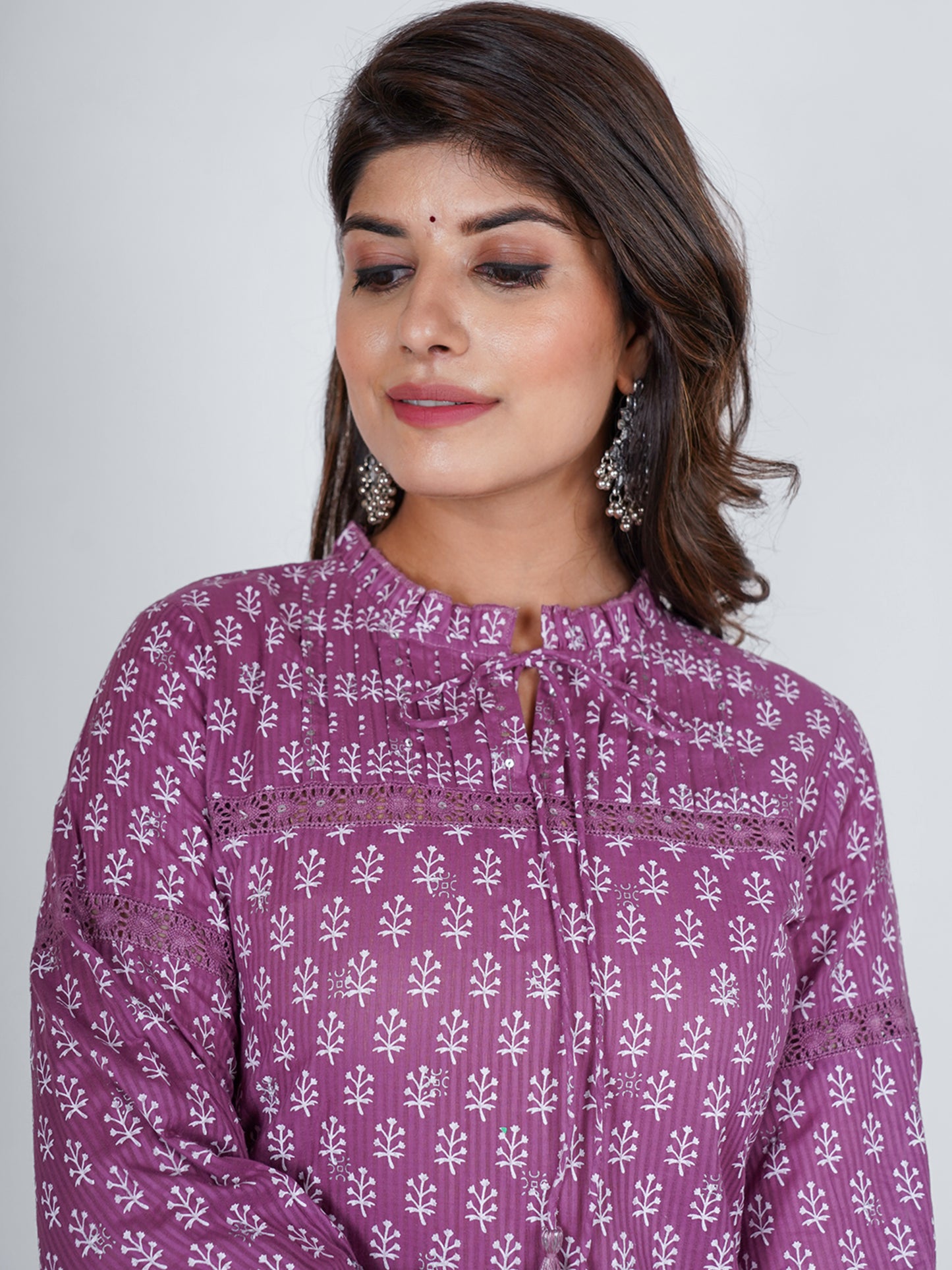 PUKHYA WOMEN'S PURPLE KHARI PRINTED STRAIGHT KURTA COTTON DOBBY