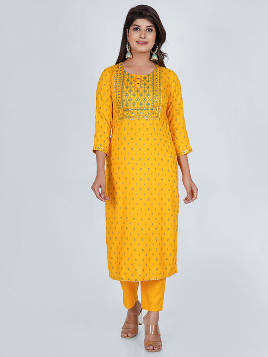 PUKHYA WOMEN'S MUSTARD PRINTED STRAIGHT KURTA WITH PANTS