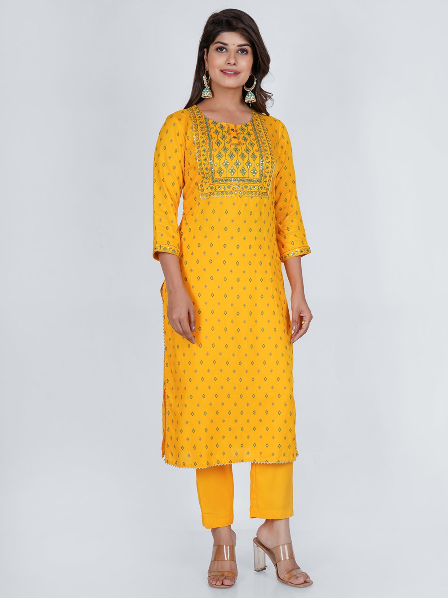 PUKHYA WOMEN'S MUSTARD PRINTED STRAIGHT KURTA WITH PANTS