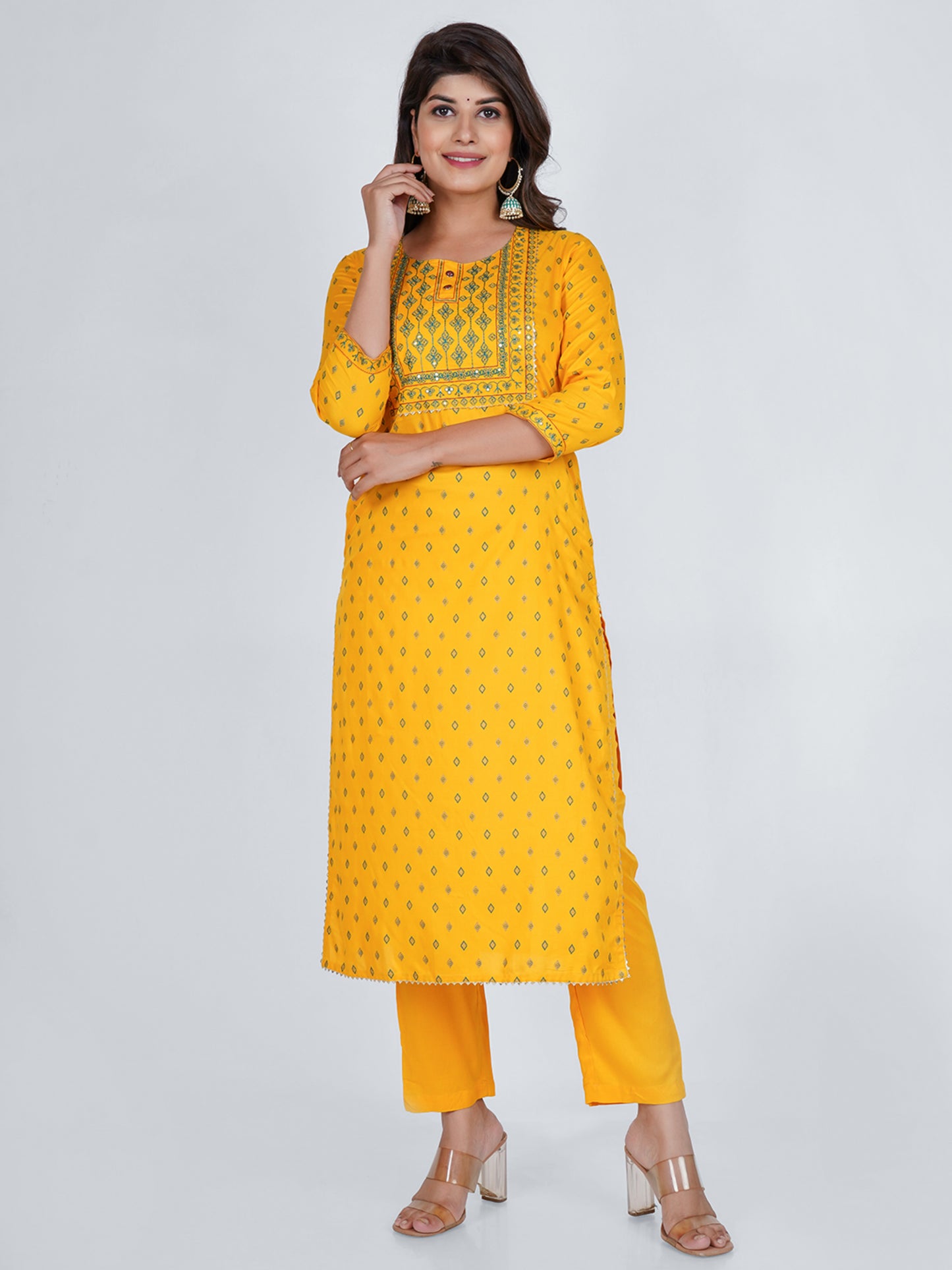 PUKHYA WOMEN'S MUSTARD PRINTED STRAIGHT KURTA WITH PANTS