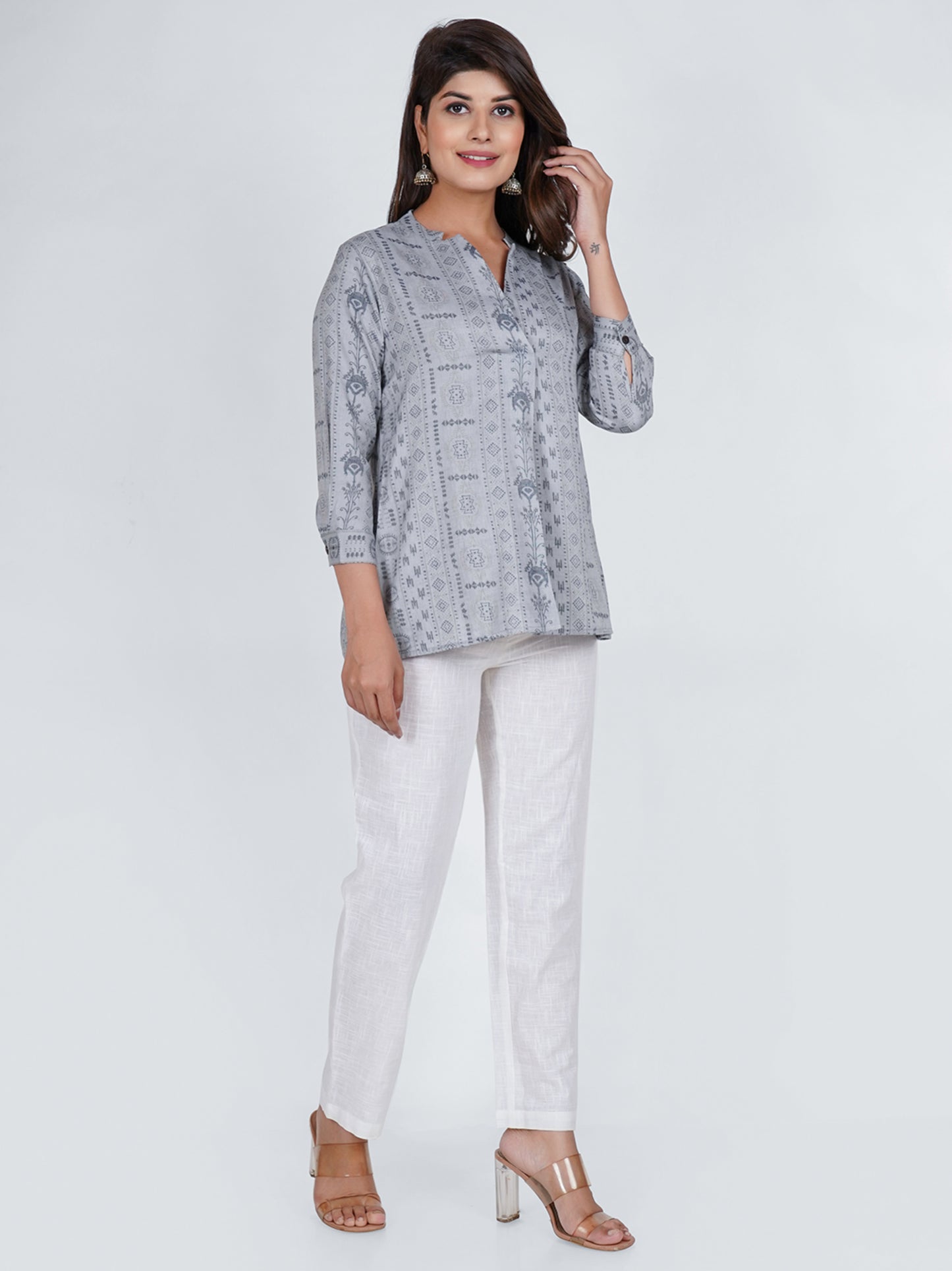 PUKHYA WOMEN'S GREY PRINTED TOP VISCOSE