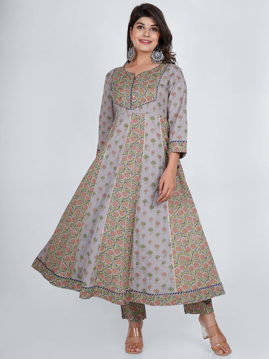 PUKHYA COTTON GREY PRINTED ANARKALI KURTA WITH PANTS