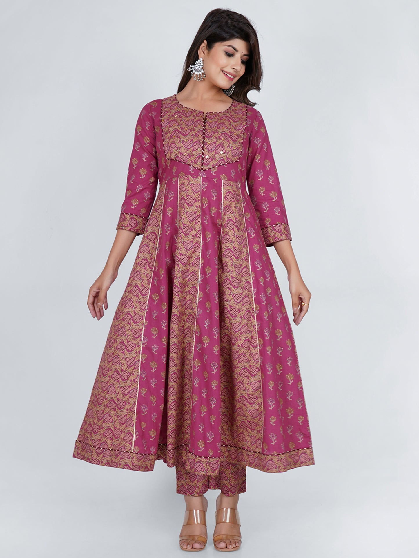 PUKHYA COTTON PINK PRINTED ANARKALI KURTA WITH PANTS