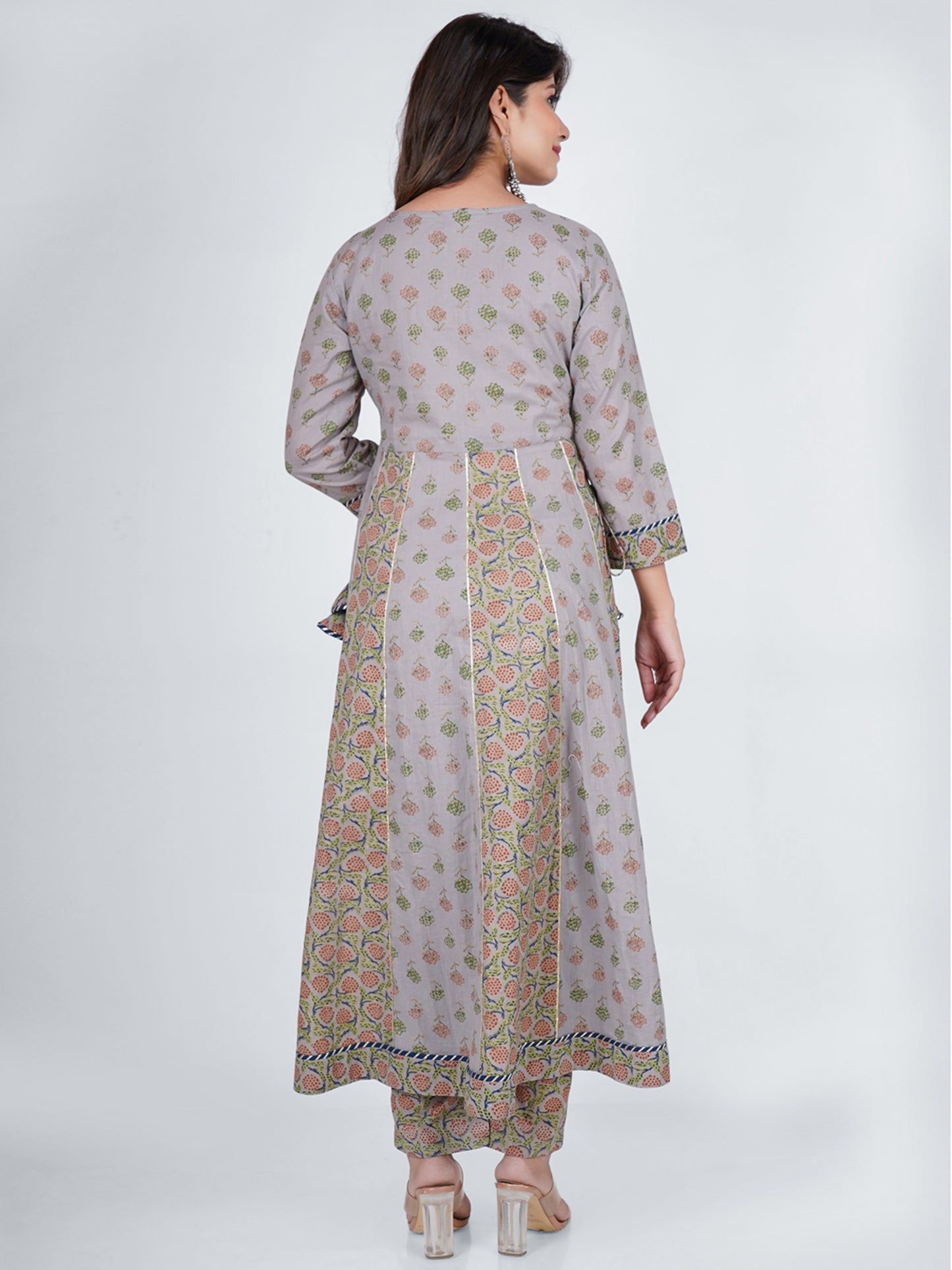 PUKHYA COTTON GREY PRINTED ANARKALI KURTA WITH PANTS