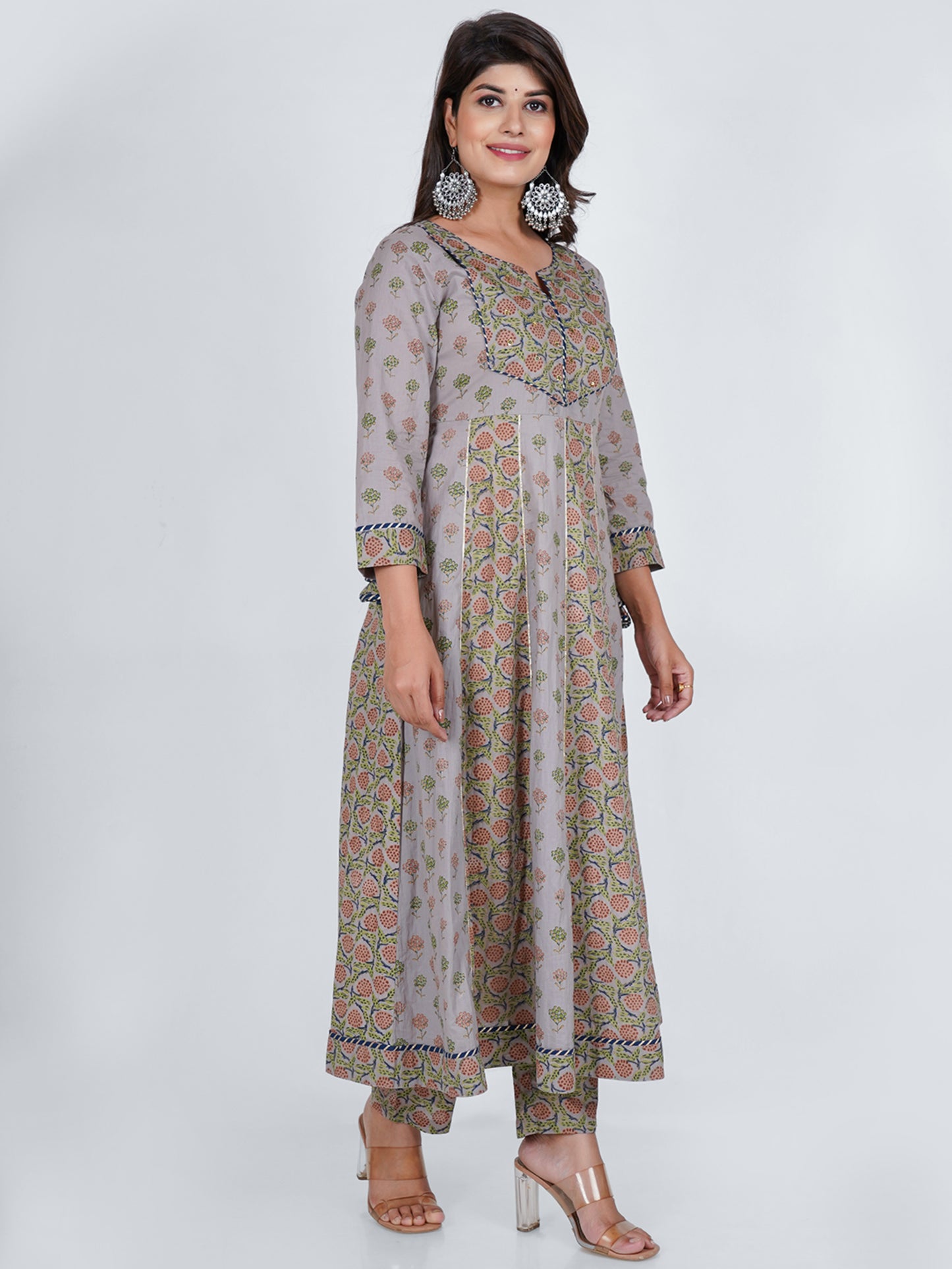 PUKHYA COTTON GREY PRINTED ANARKALI KURTA WITH PANTS