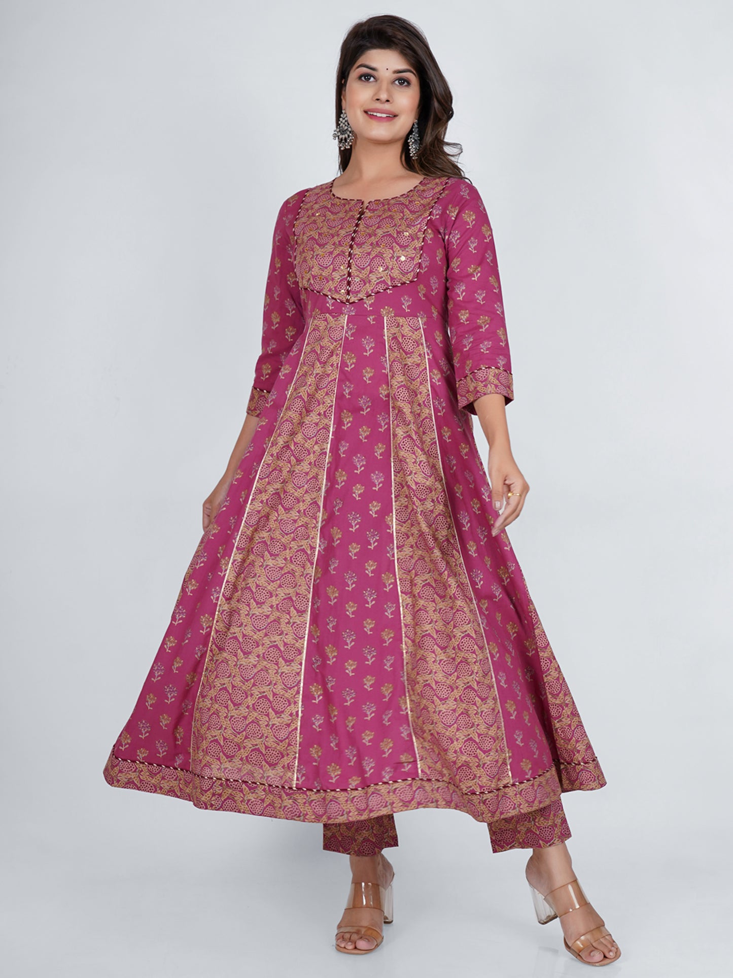 PUKHYA COTTON PINK PRINTED ANARKALI KURTA WITH PANTS