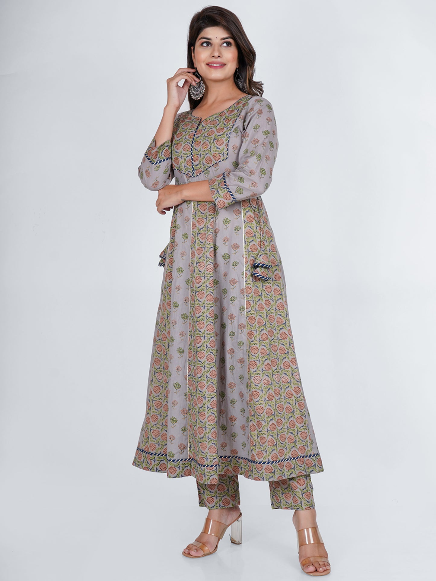 PUKHYA COTTON GREY PRINTED ANARKALI KURTA WITH PANTS