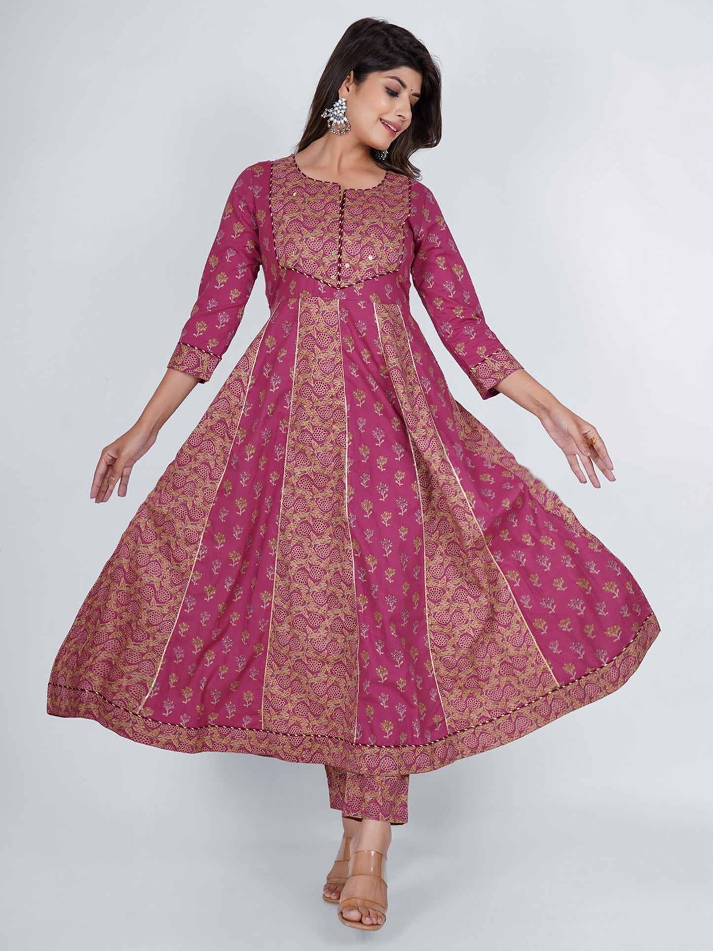 PUKHYA COTTON PINK PRINTED ANARKALI KURTA WITH PANTS