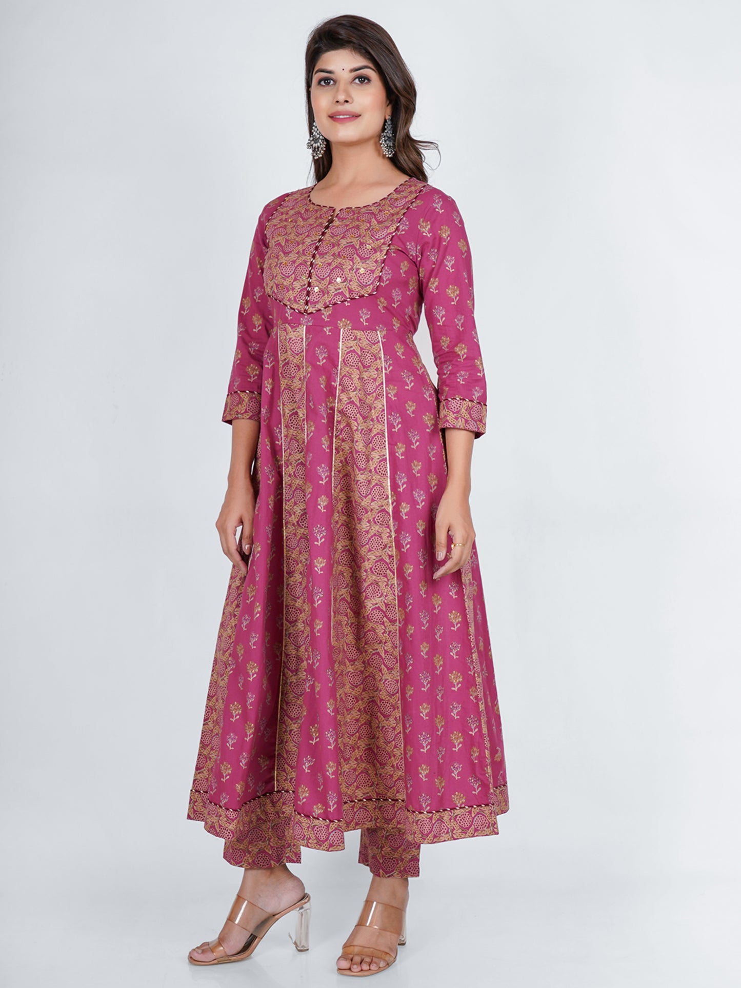 PUKHYA COTTON PINK PRINTED ANARKALI KURTA WITH PANTS