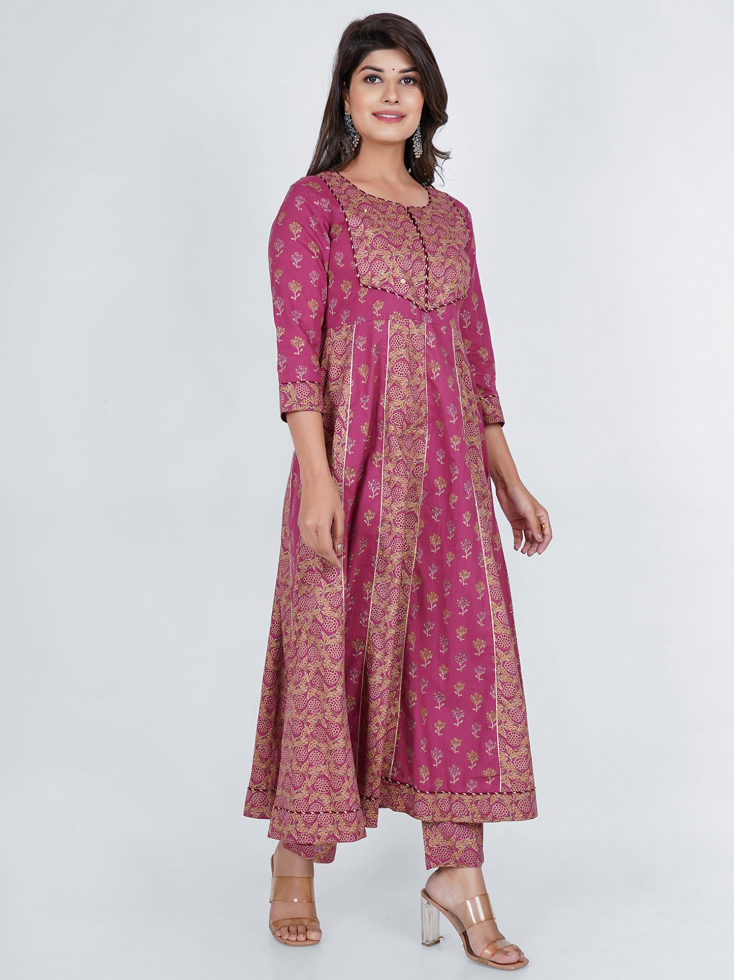 PUKHYA COTTON PINK PRINTED ANARKALI KURTA WITH PANTS