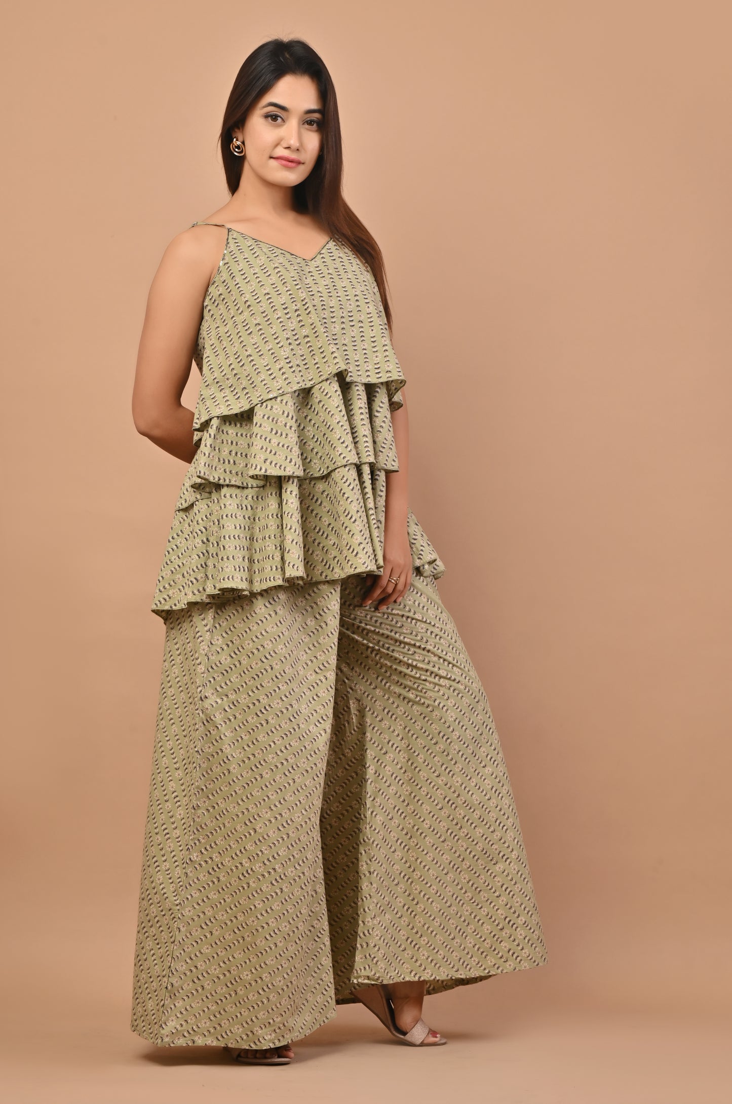 PUKHYA GREEN COTTON PRINTED STRAP TOP WITH PALAZZO