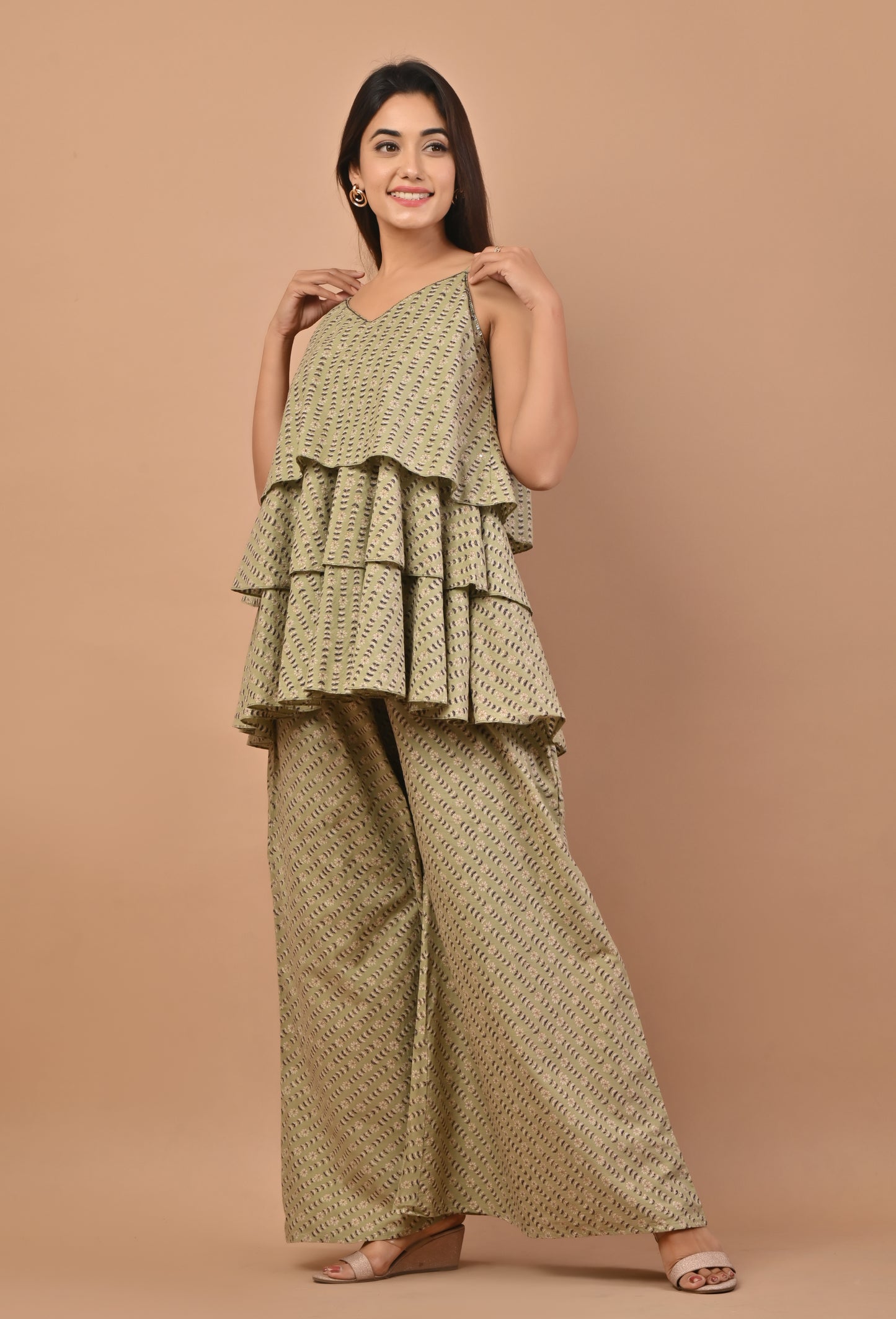 PUKHYA GREEN COTTON PRINTED STRAP TOP WITH PALAZZO