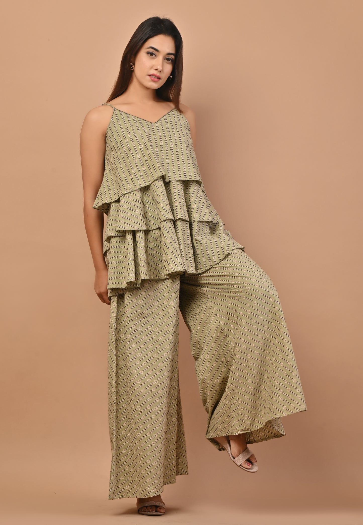 PUKHYA GREEN COTTON PRINTED STRAP TOP WITH PALAZZO