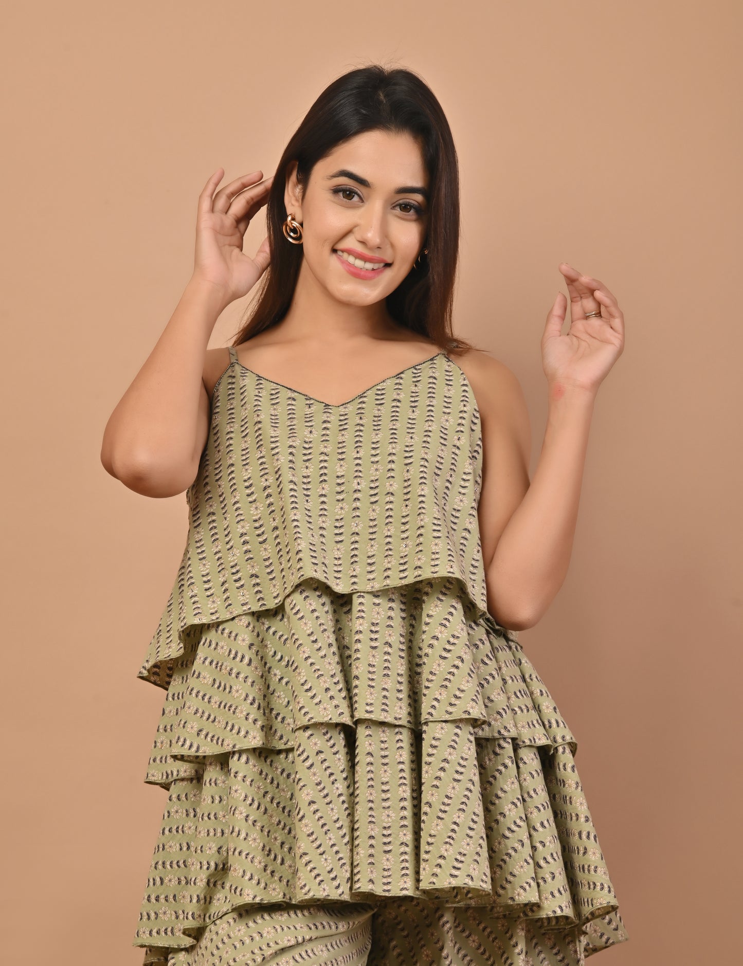 PUKHYA GREEN COTTON PRINTED STRAP TOP WITH PALAZZO