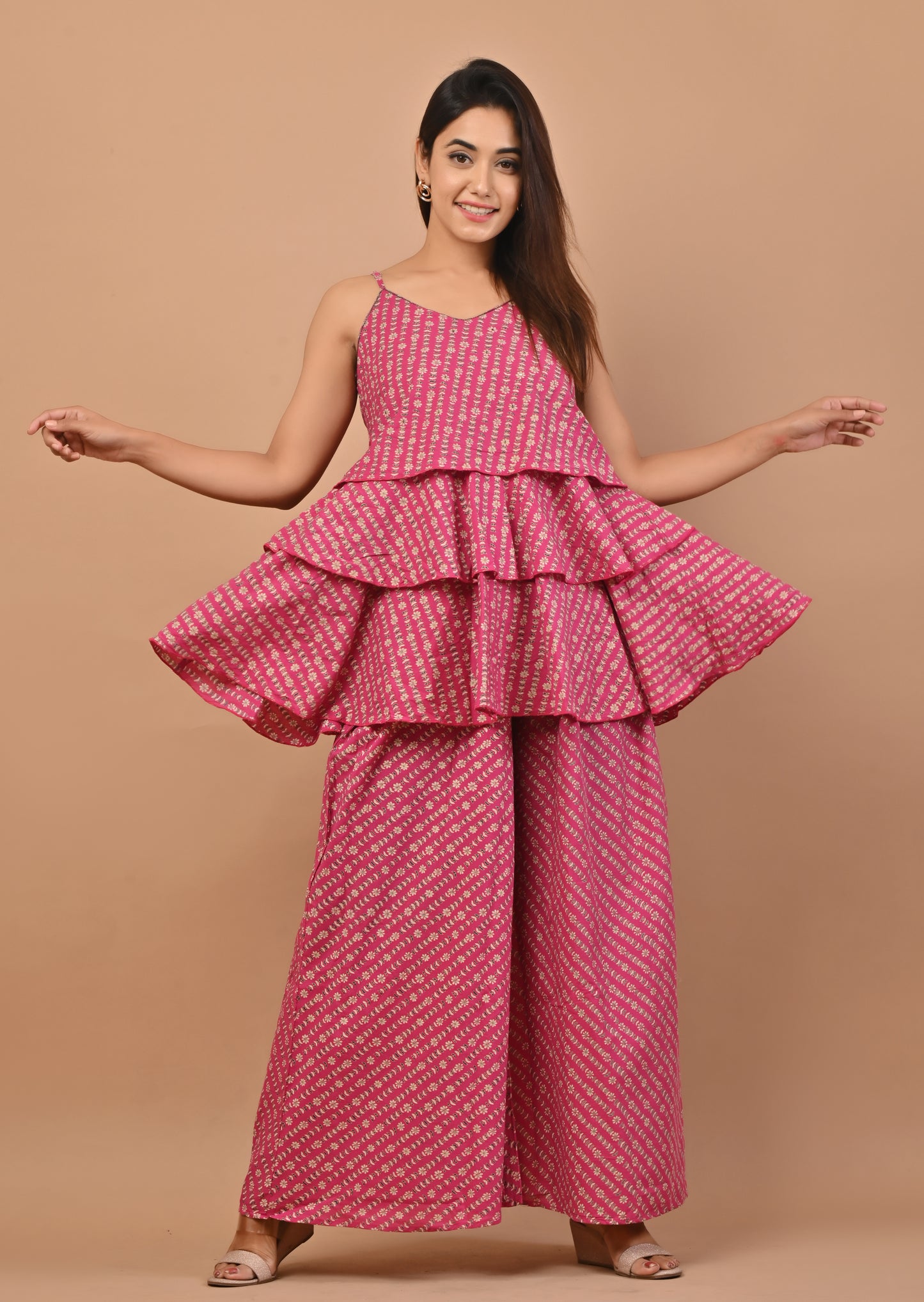 PUKHYA PINK COTTON PRINTED STRAP TOP WITH PALAZZO