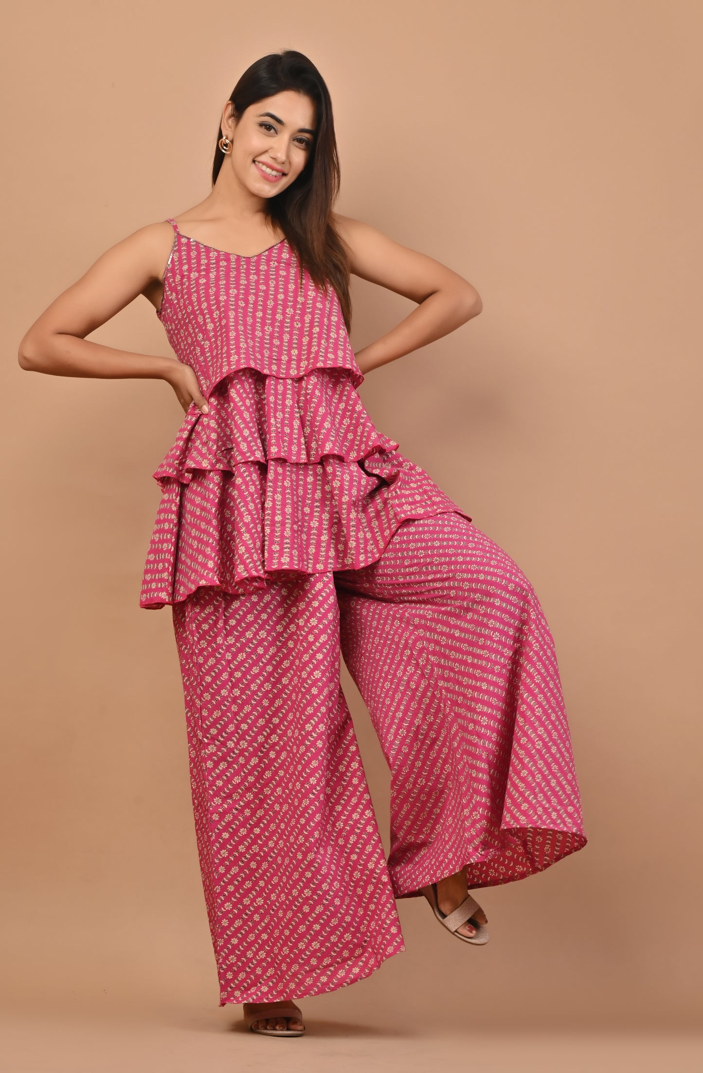 PUKHYA PINK COTTON PRINTED STRAP TOP WITH PALAZZO