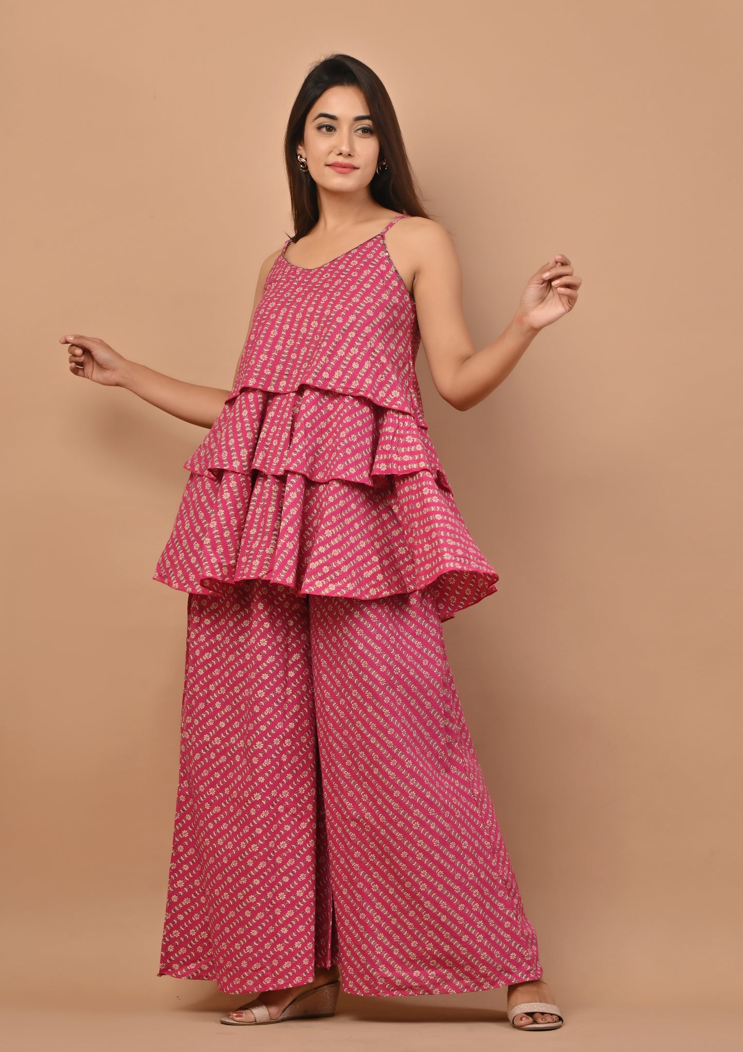 PUKHYA PINK COTTON PRINTED STRAP TOP WITH PALAZZO