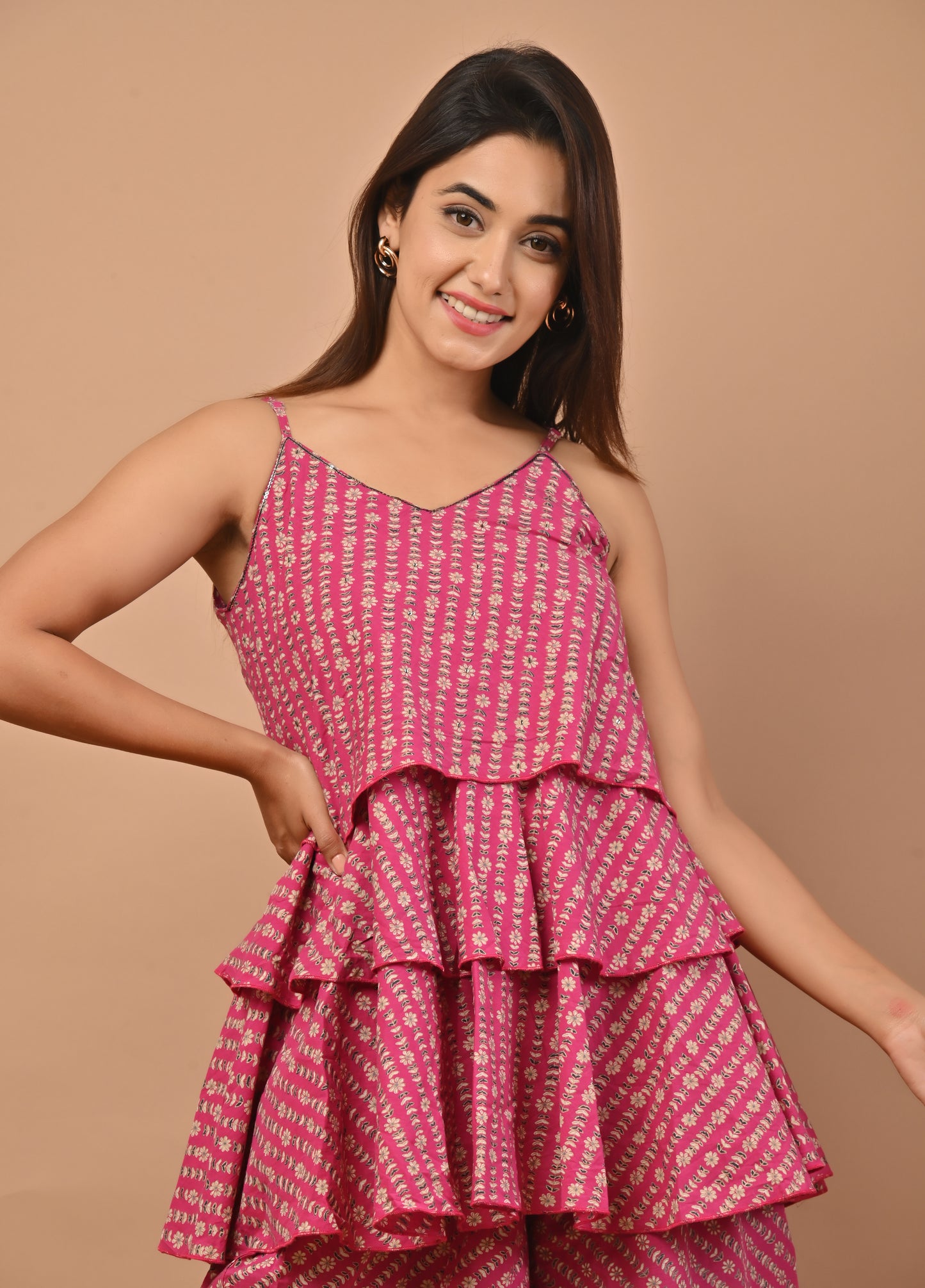 PUKHYA PINK COTTON PRINTED STRAP TOP WITH PALAZZO