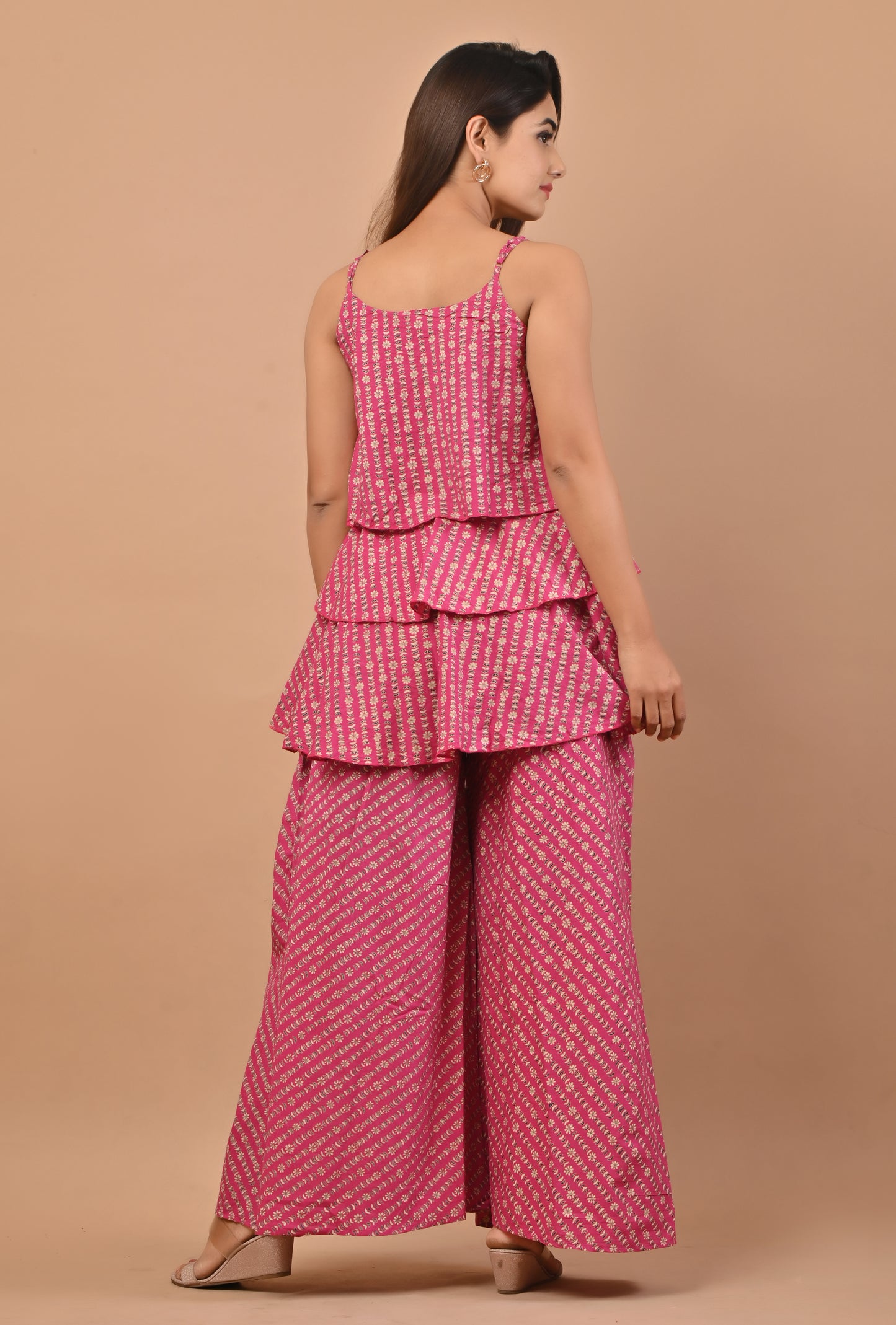 PUKHYA PINK COTTON PRINTED STRAP TOP WITH PALAZZO