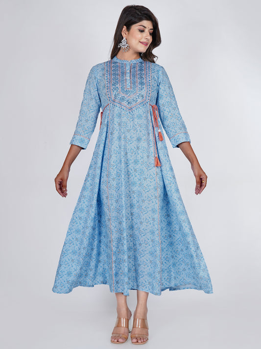 PUKHYA RAYON BLUE PRINTED ANARKALI EMBROIDERED KURTA