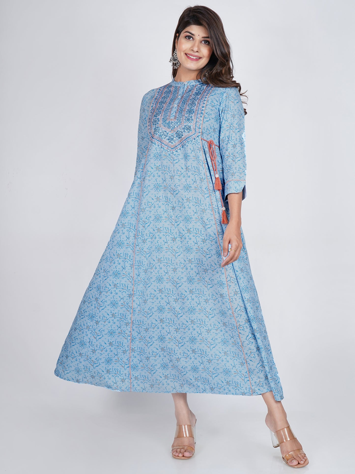 PUKHYA RAYON BLUE PRINTED ANARKALI EMBROIDERED KURTA