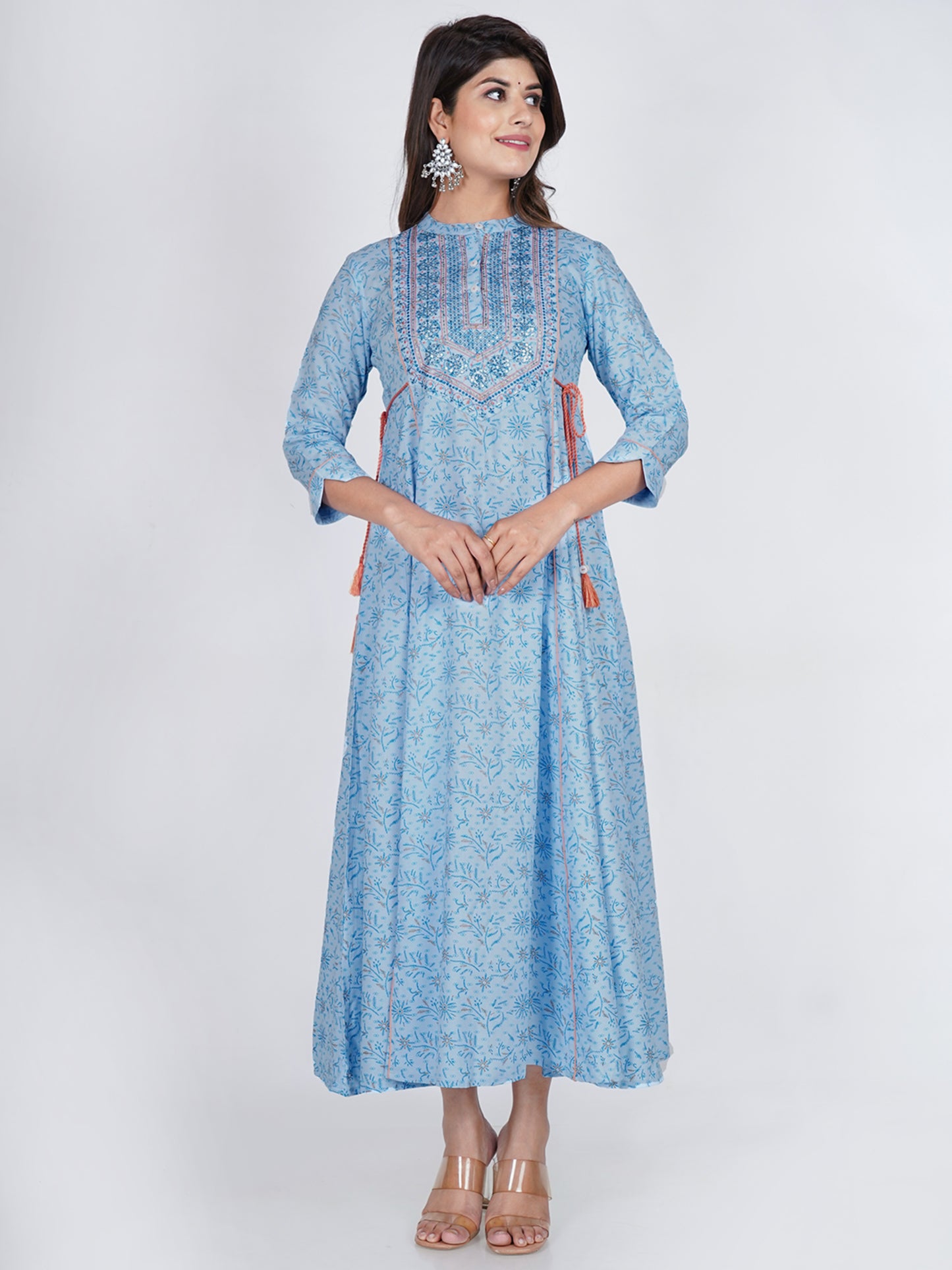 PUKHYA RAYON BLUE PRINTED ANARKALI EMBROIDERED KURTA