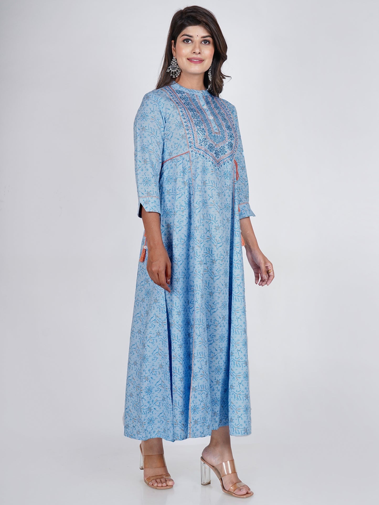 PUKHYA RAYON BLUE PRINTED ANARKALI EMBROIDERED KURTA