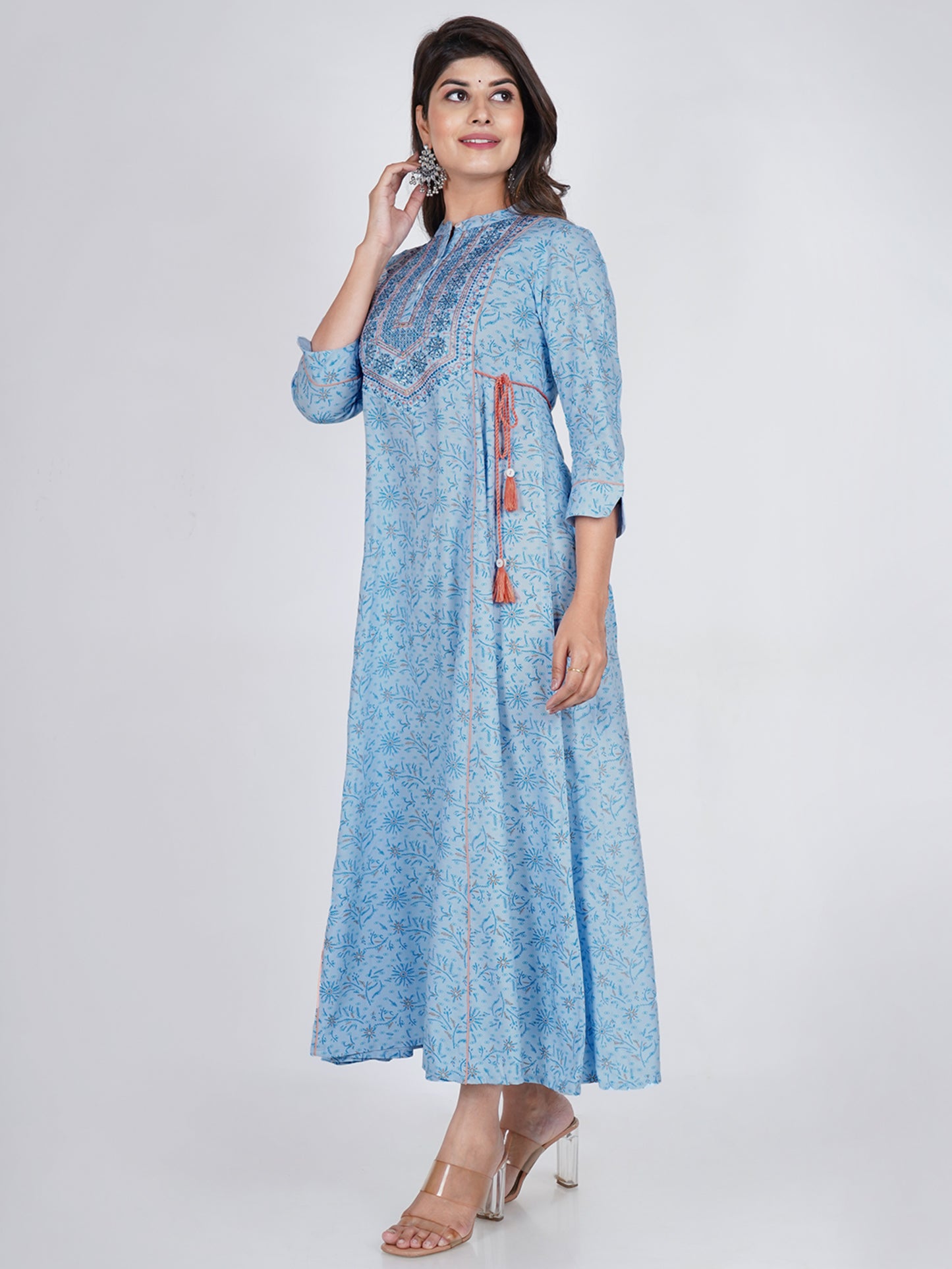 PUKHYA RAYON BLUE PRINTED ANARKALI EMBROIDERED KURTA