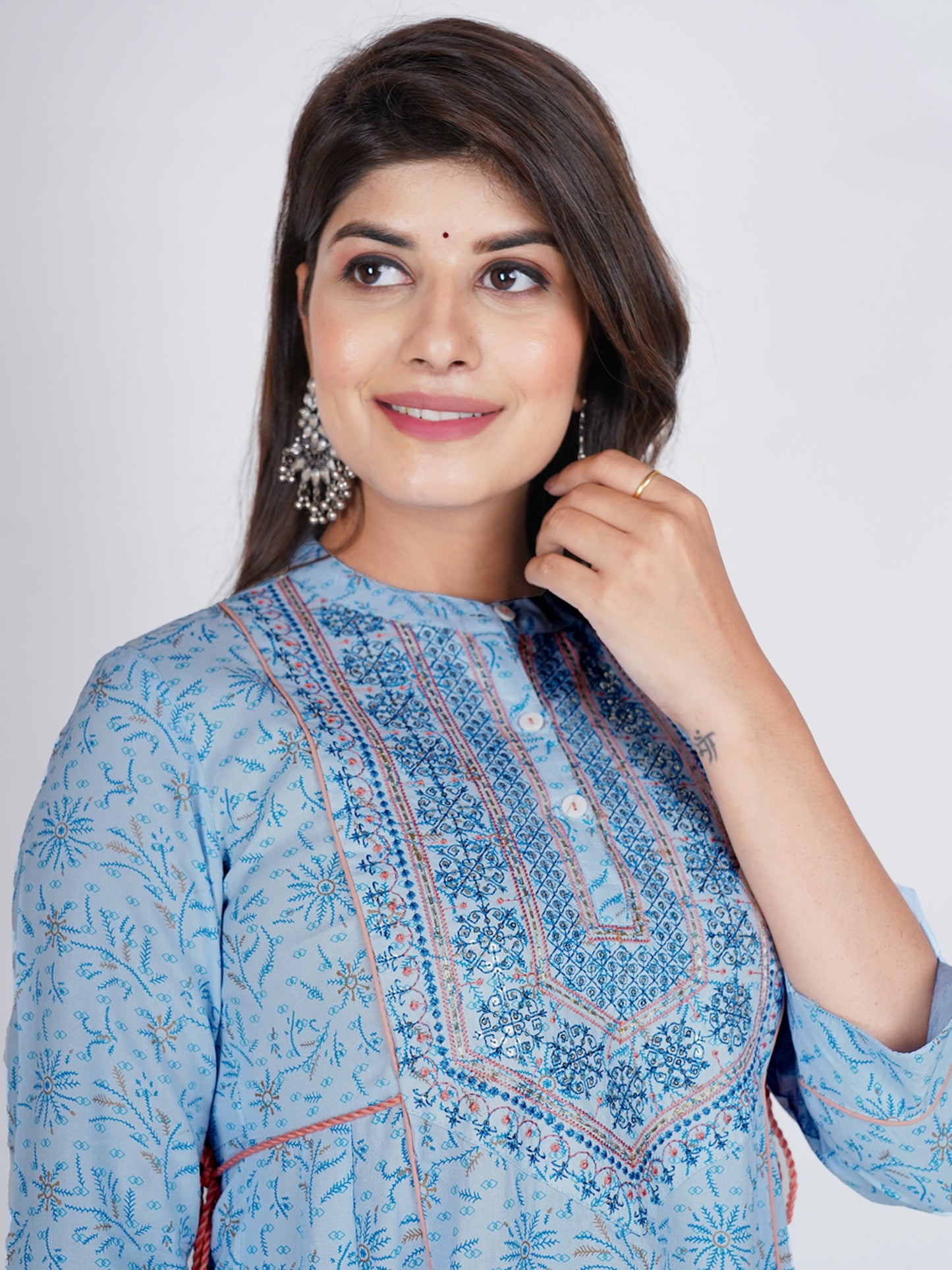 PUKHYA RAYON BLUE PRINTED ANARKALI EMBROIDERED KURTA