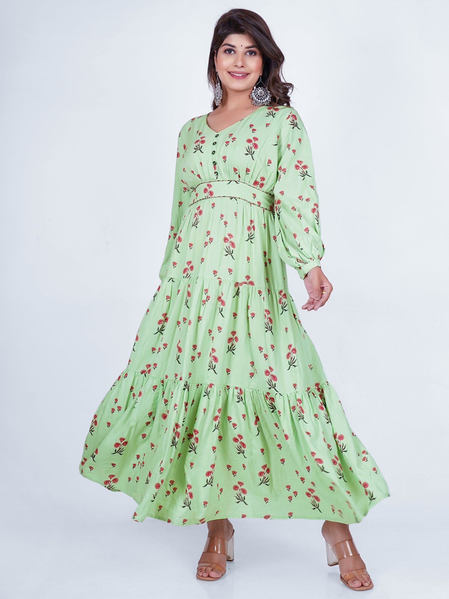 PUKHYA RAYON SEA GREEN PRINTED TIER DRESS