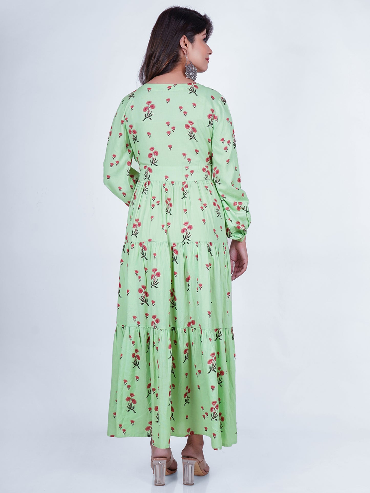 PUKHYA RAYON SEA GREEN PRINTED TIER DRESS