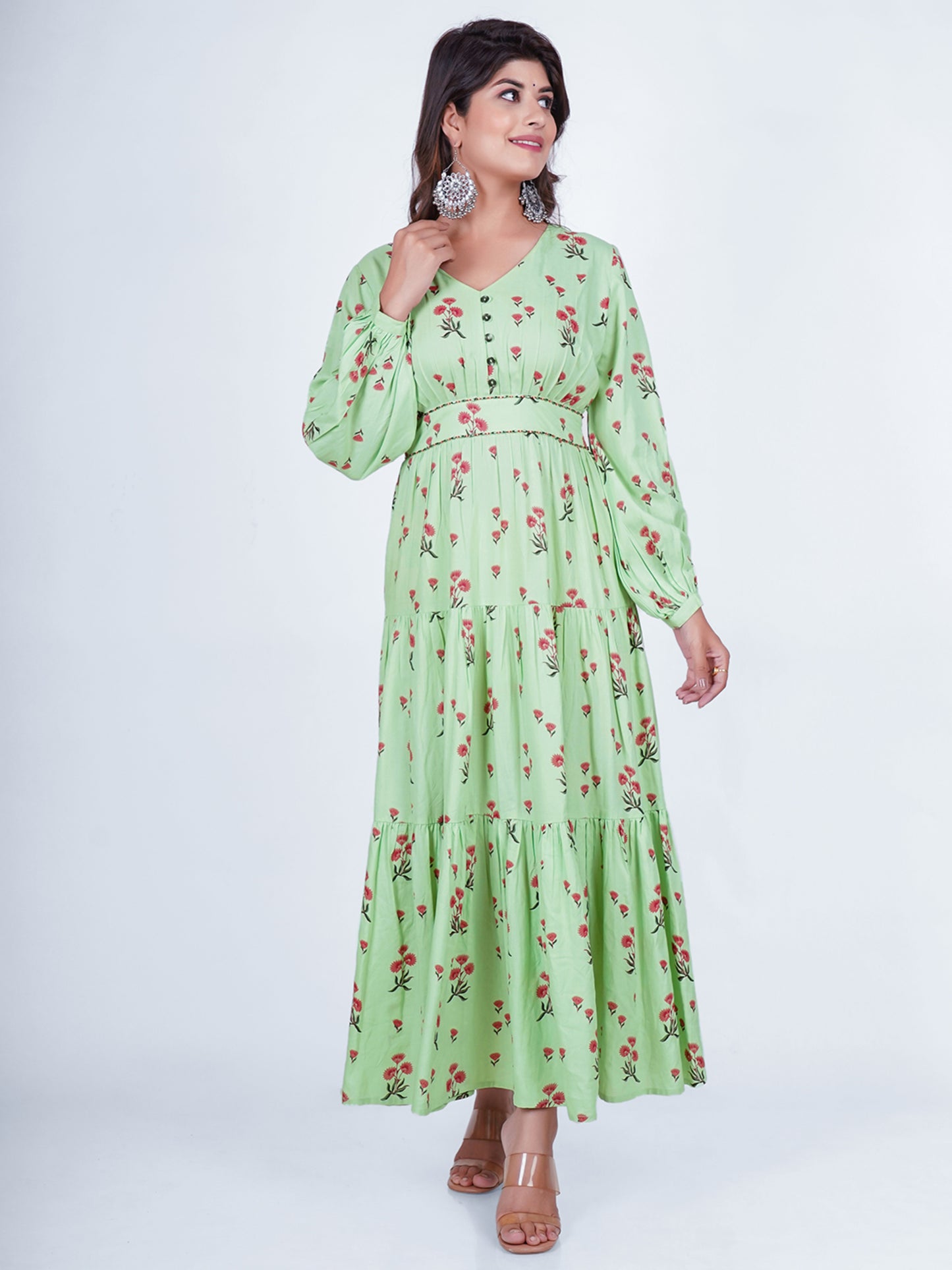 PUKHYA RAYON SEA GREEN PRINTED TIER DRESS