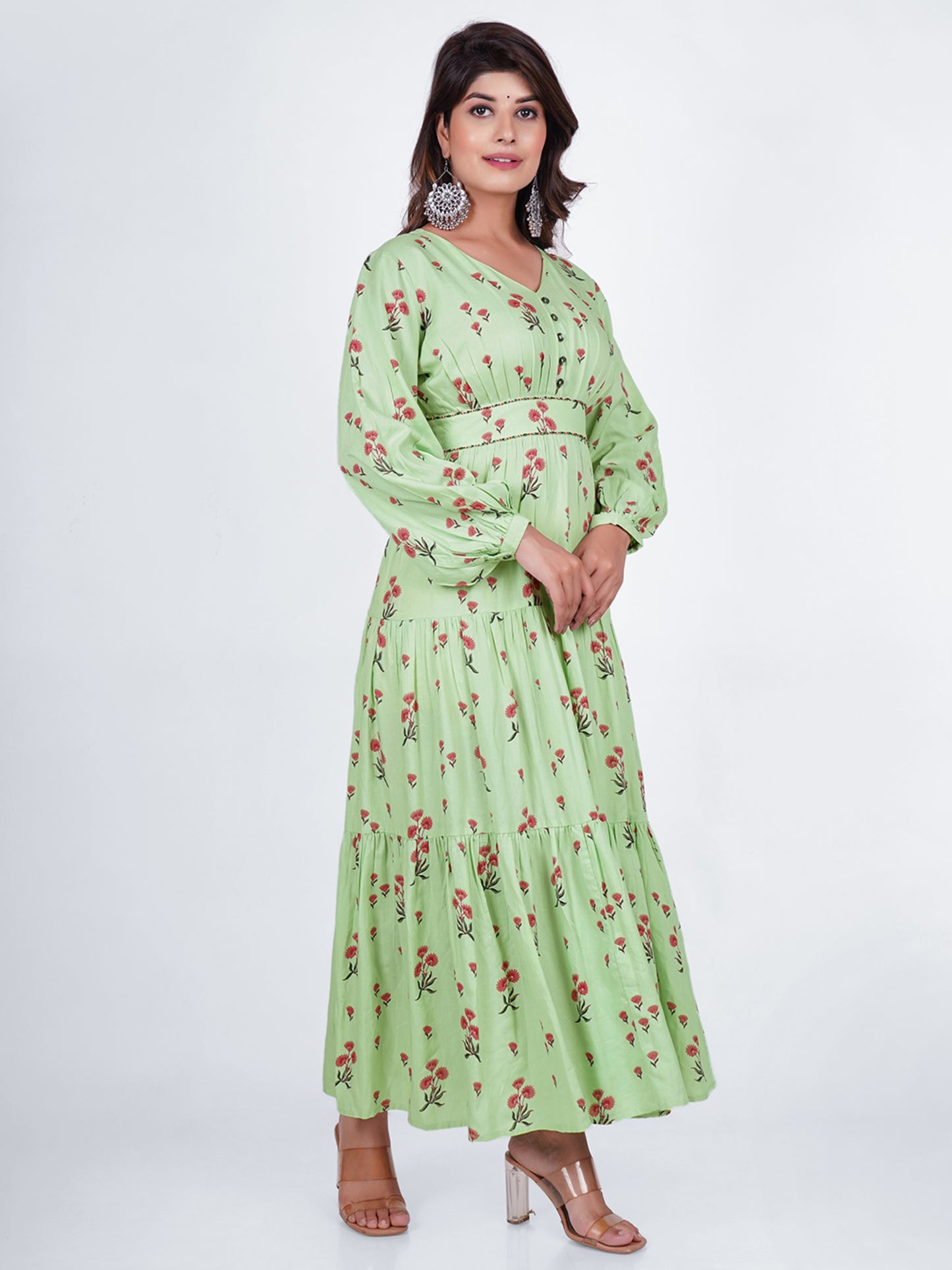 PUKHYA RAYON SEA GREEN PRINTED TIER DRESS