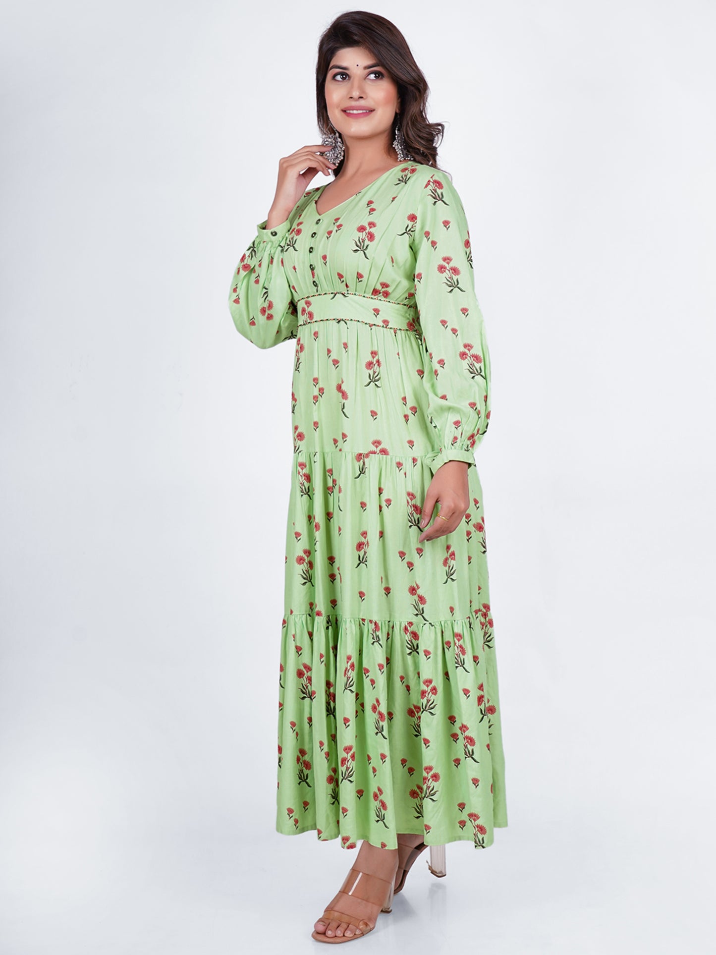 PUKHYA RAYON SEA GREEN PRINTED TIER DRESS