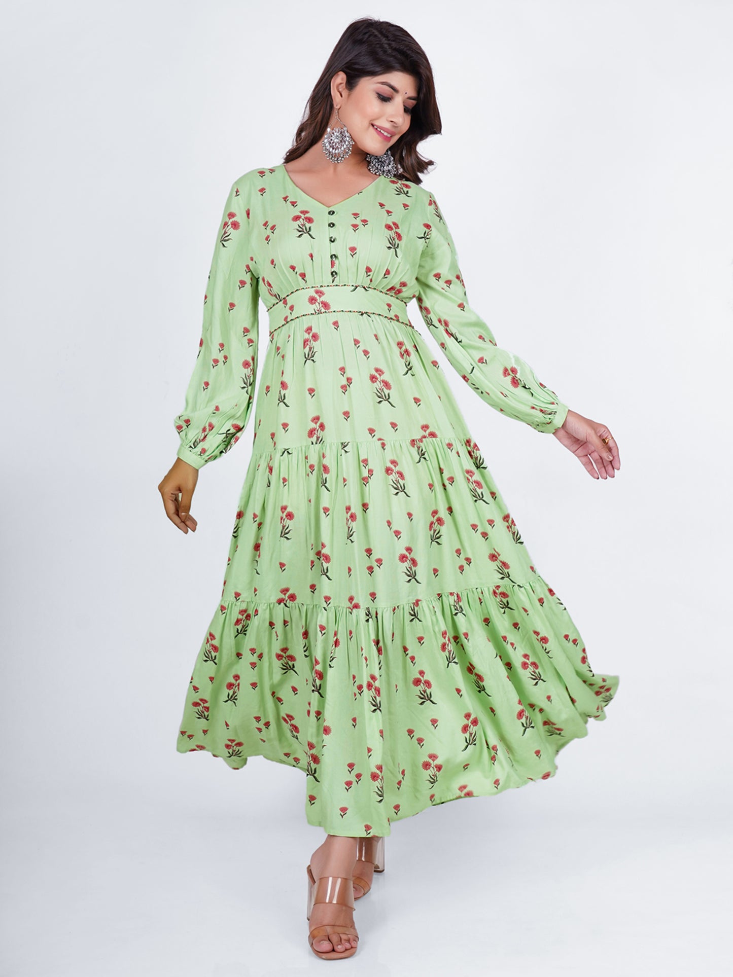 PUKHYA RAYON SEA GREEN PRINTED TIER DRESS