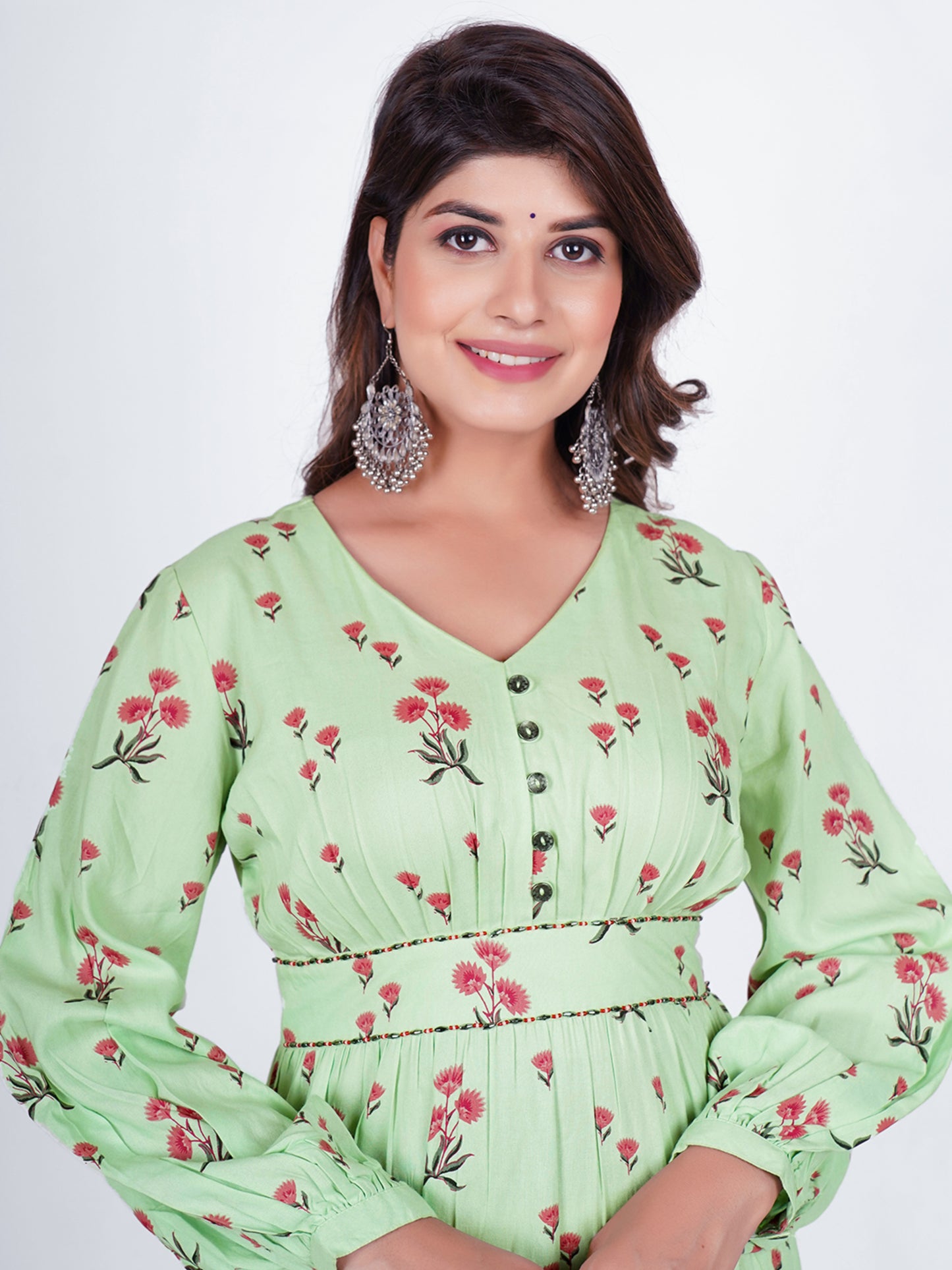 PUKHYA RAYON SEA GREEN PRINTED TIER DRESS