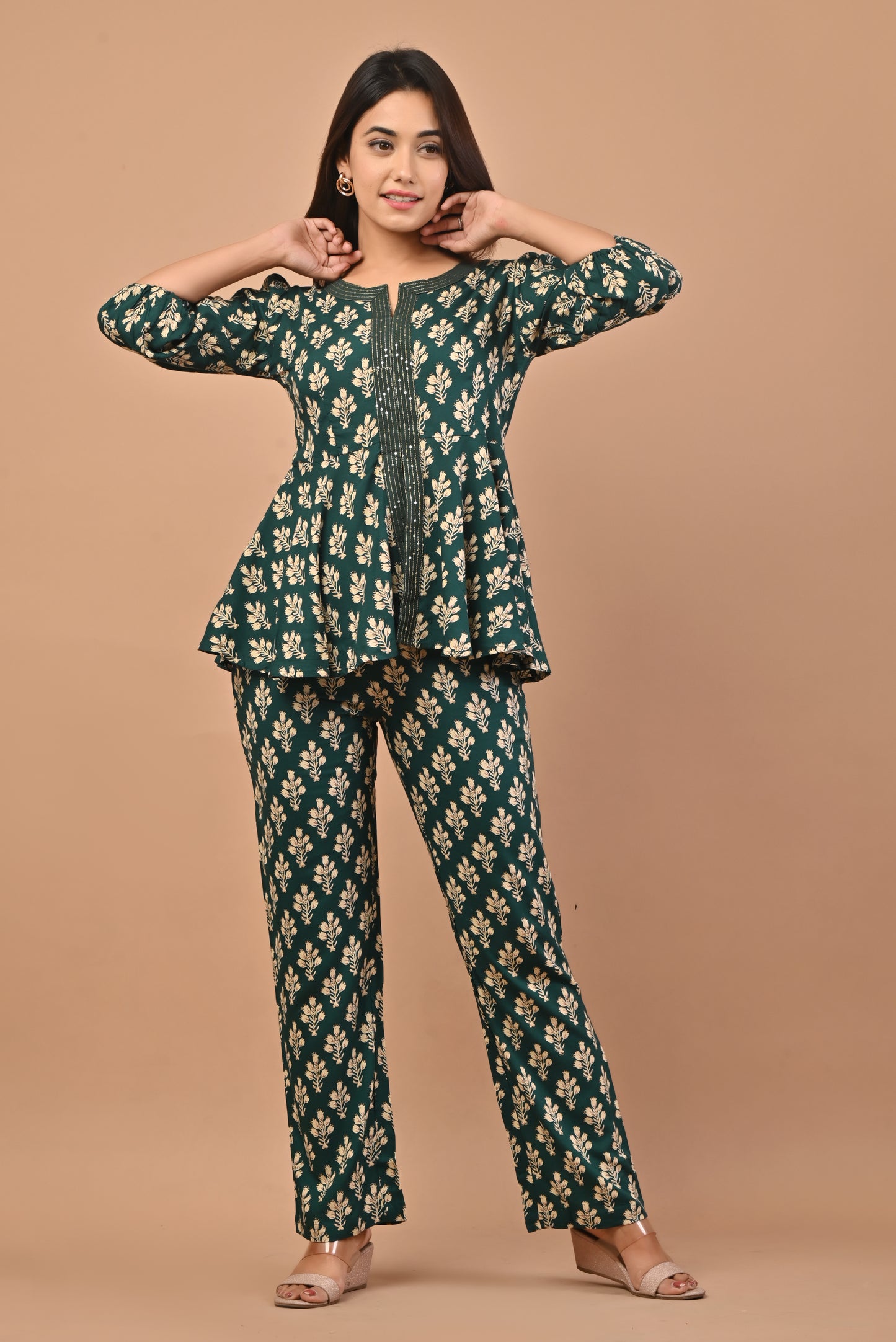 PUKHYA GREEN PRINTED VISCOSE CO-ORD SET