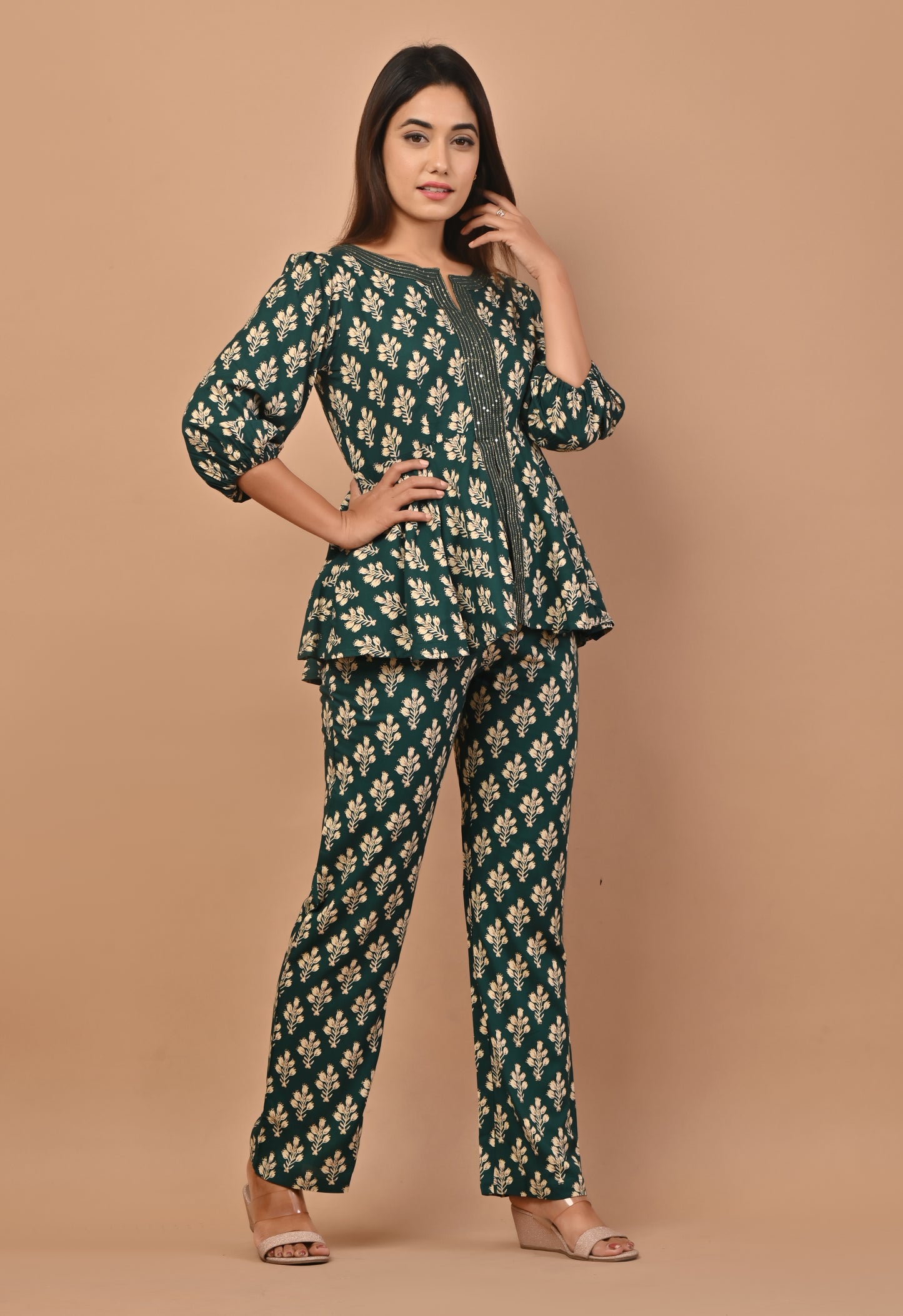 PUKHYA GREEN PRINTED VISCOSE CO-ORD SET