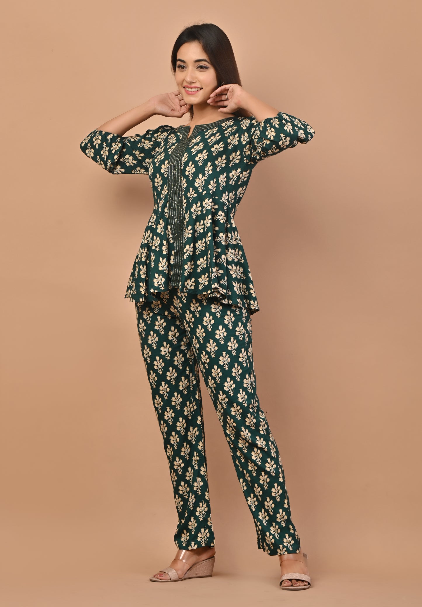 PUKHYA GREEN PRINTED VISCOSE CO-ORD SET