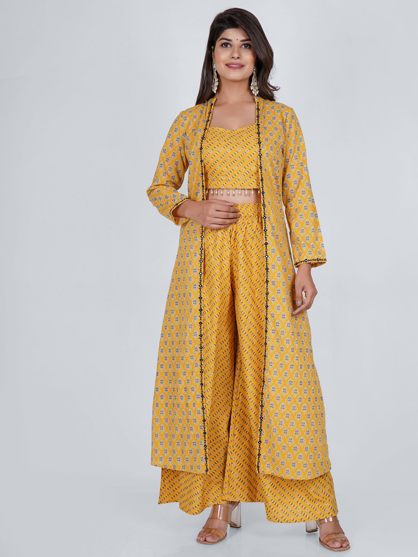 PUKHYA COTTON MUSTARD PRINTED JACKET WITH TOP AND PALAZZO