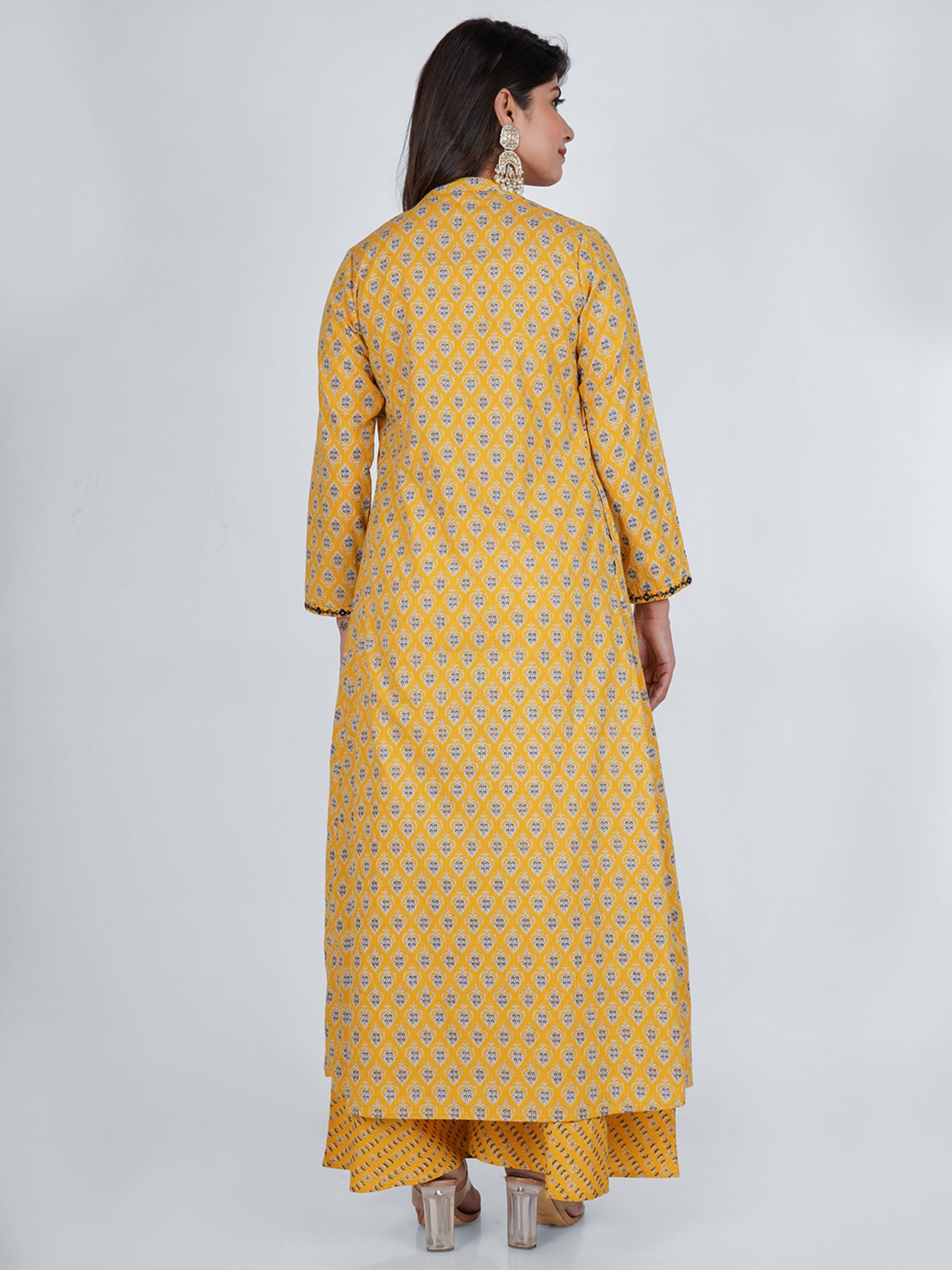 PUKHYA COTTON MUSTARD PRINTED JACKET WITH TOP AND PALAZZO