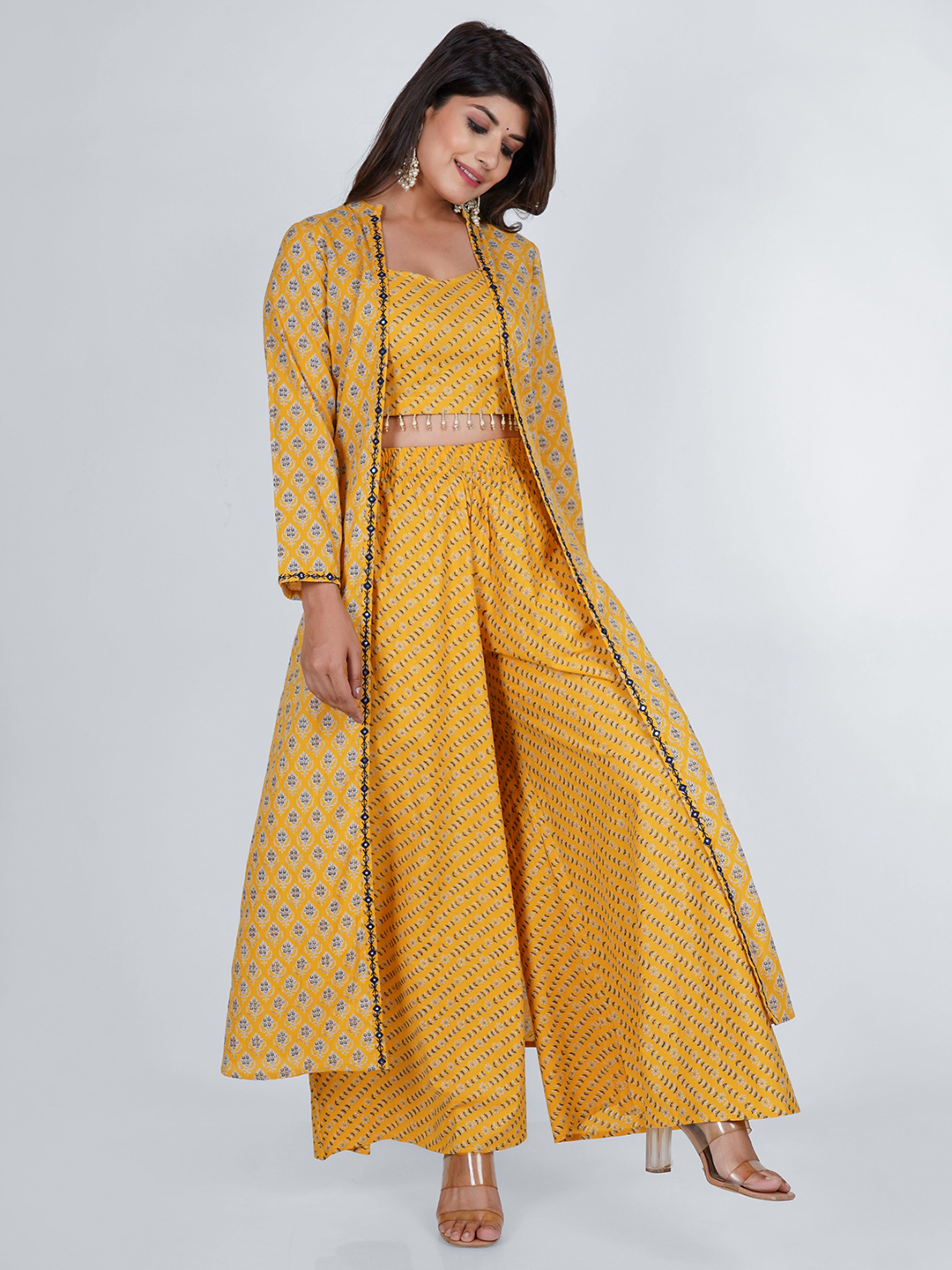 Buy AKS Women Olive Green & Orange Printed Top With Palazzos & Ethnic Jacket  - Co Ords for Women 7278113 | Myntra