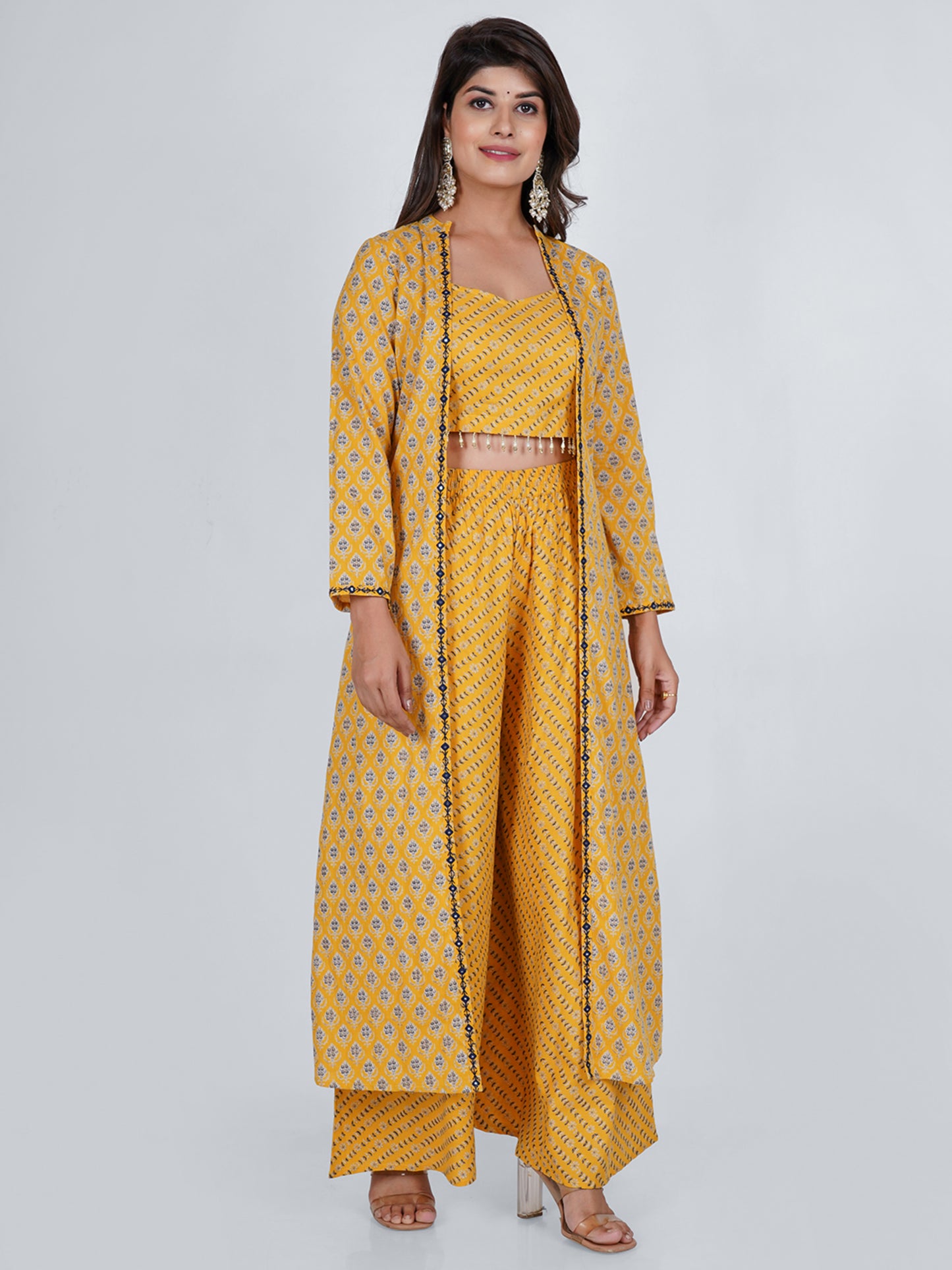 PUKHYA COTTON MUSTARD PRINTED JACKET WITH TOP AND PALAZZO