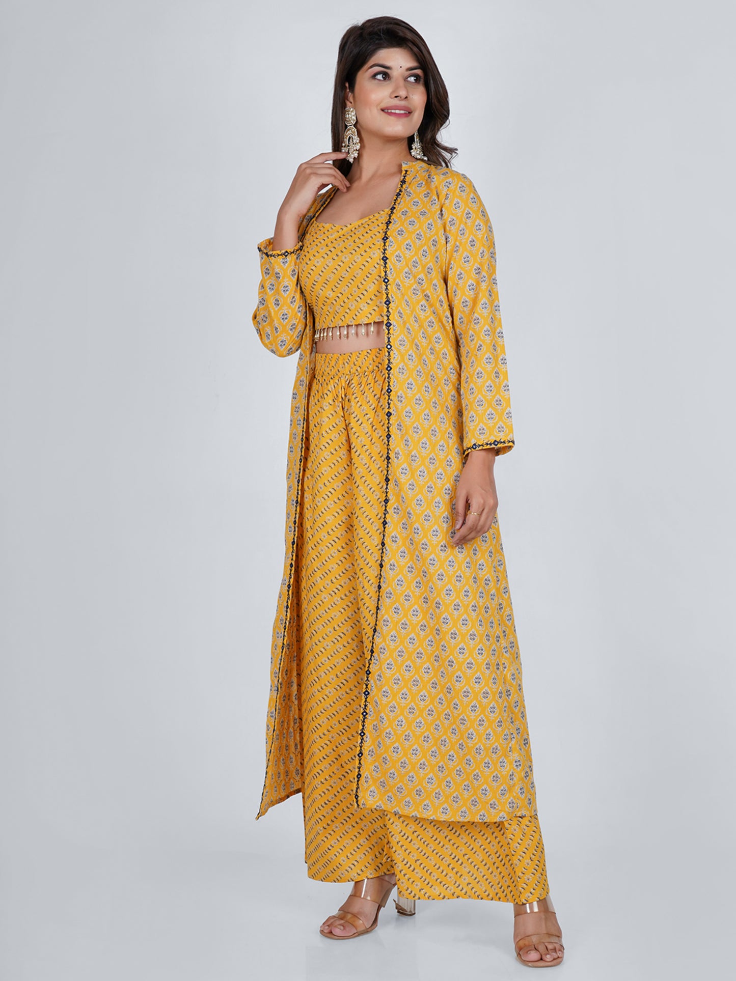 PUKHYA COTTON MUSTARD PRINTED JACKET WITH TOP AND PALAZZO