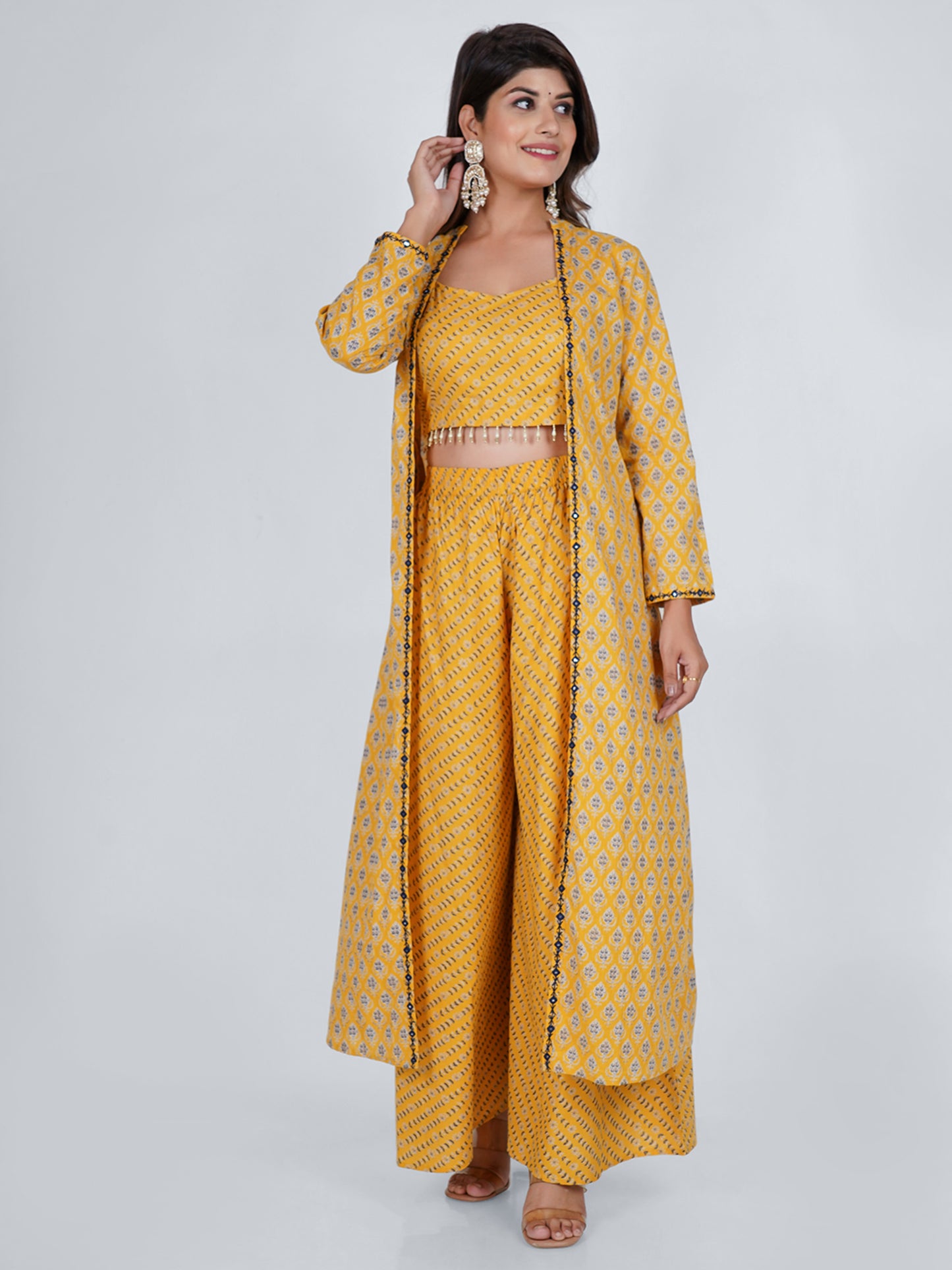 PUKHYA COTTON MUSTARD PRINTED JACKET WITH TOP AND PALAZZO