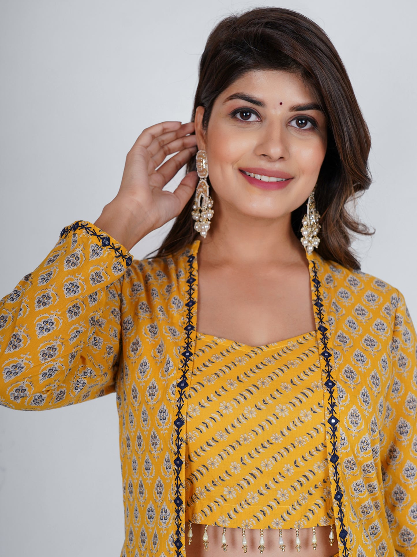 PUKHYA COTTON MUSTARD PRINTED JACKET WITH TOP AND PALAZZO