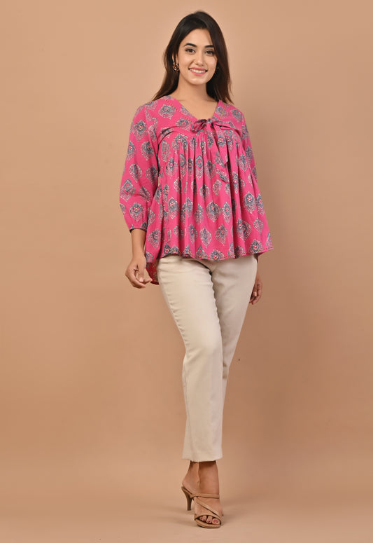 PUKHYA PINK COTTON PRINTED GATHERED TOP