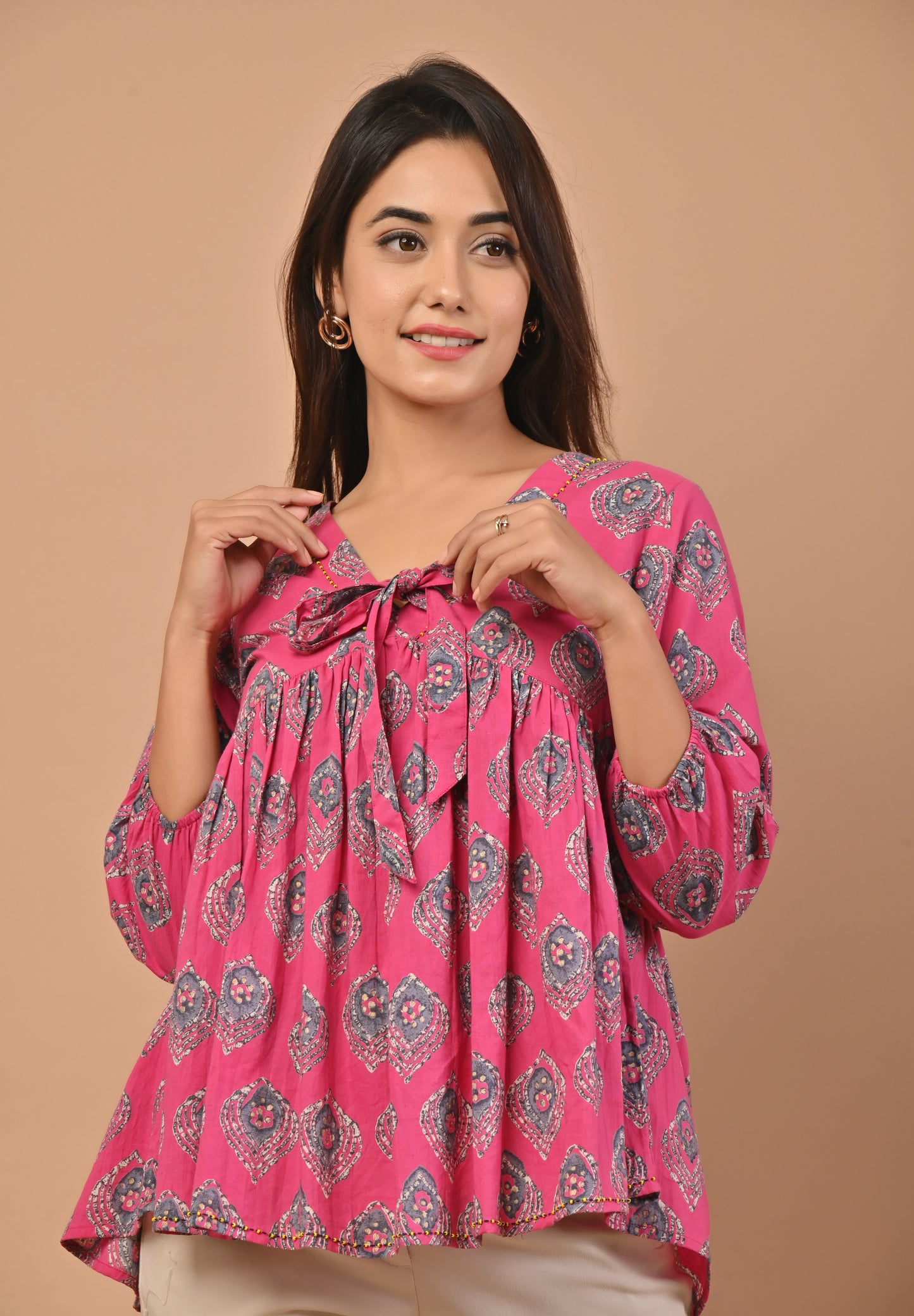 PUKHYA PINK COTTON PRINTED GATHERED TOP