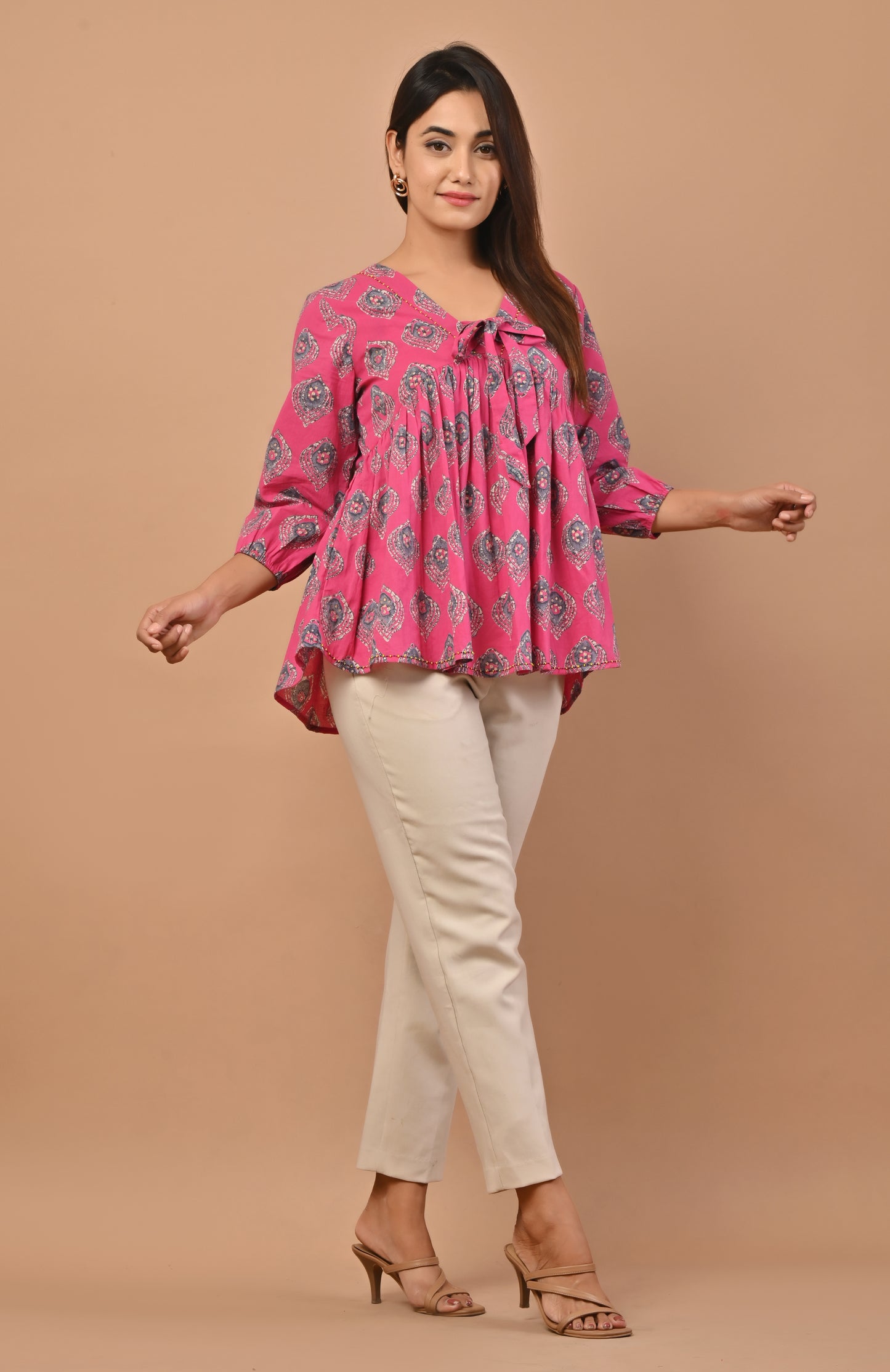 PUKHYA PINK COTTON PRINTED GATHERED TOP