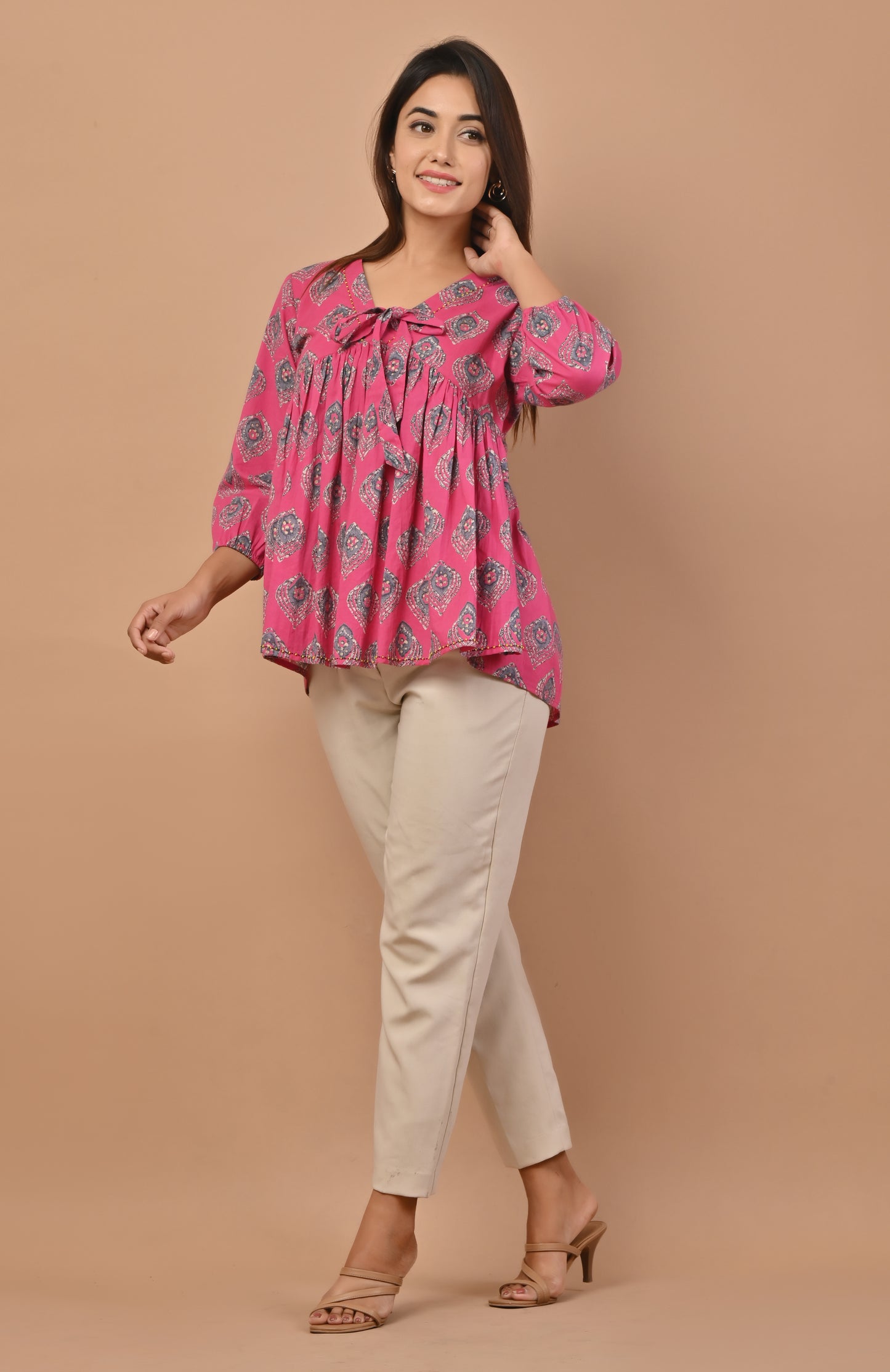 PUKHYA PINK COTTON PRINTED GATHERED TOP